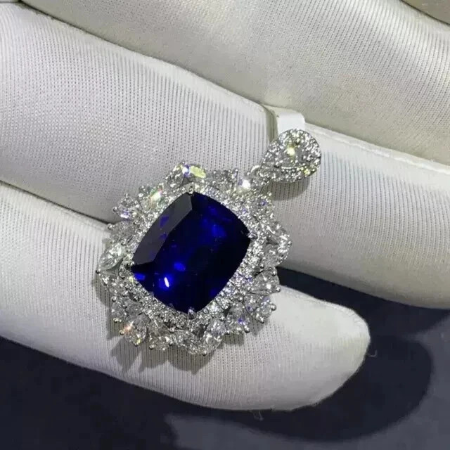 3.00 CT Cushion Cut Lab-Created Blue Sapphire Halo Pendant 14K White Gold Over