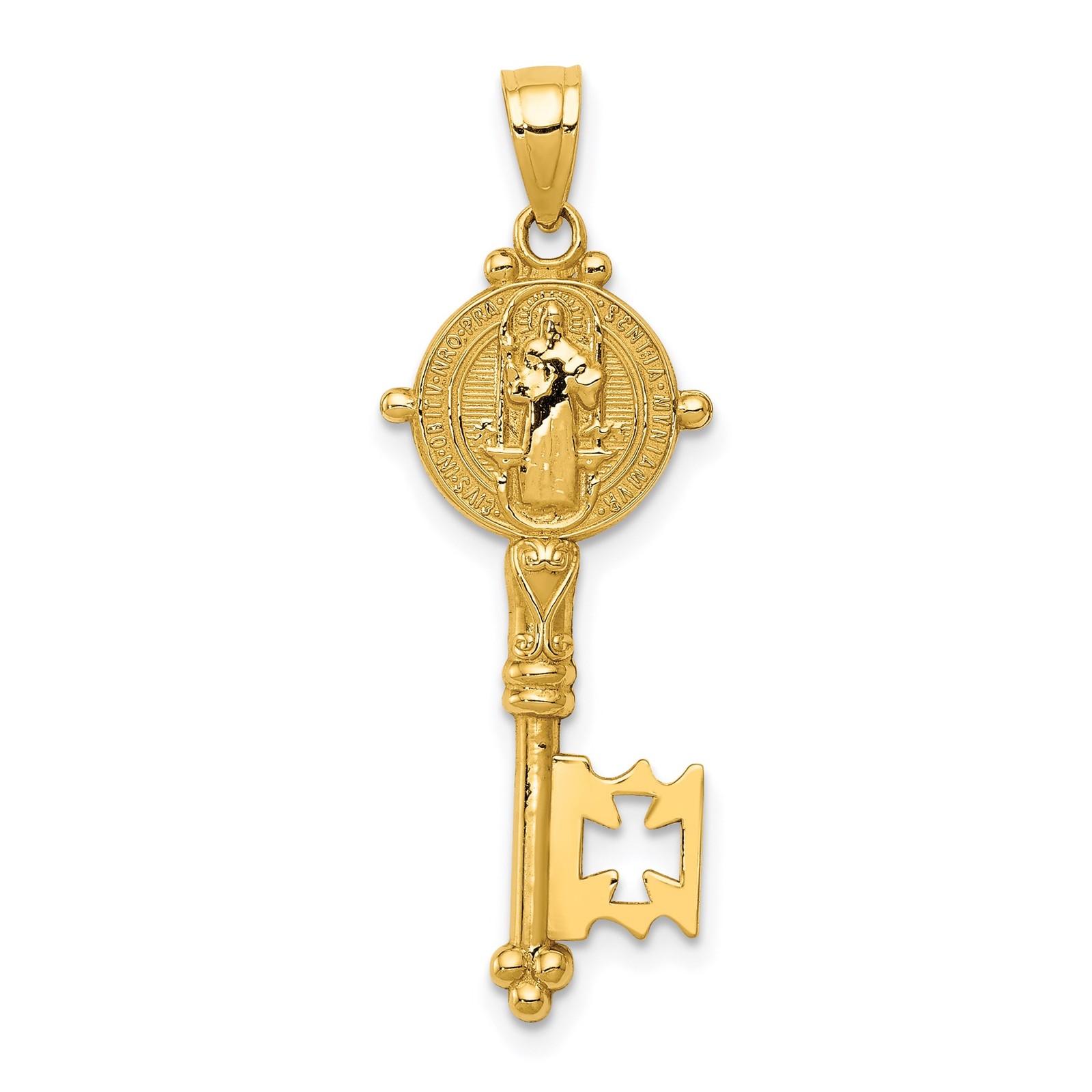 14k Yellow Gold Saint Benedict Key Pendant Catholic Cross Medal Charm for Men Wo
