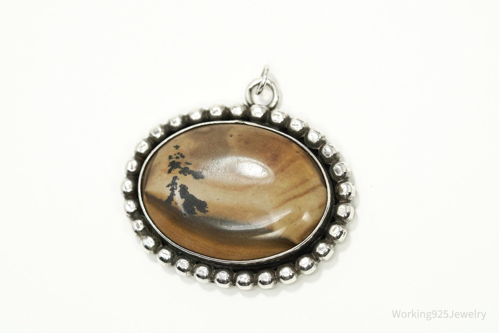 Vintage 1970s Picture Jasper Silver Necklace Pendant 1 3/8″