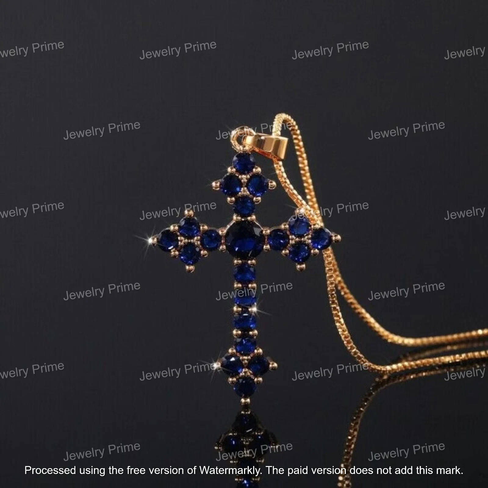 3Ct Round Cut Blue Sapphire Diamond Created Cross Pendant 14K Yellow Gold Finish