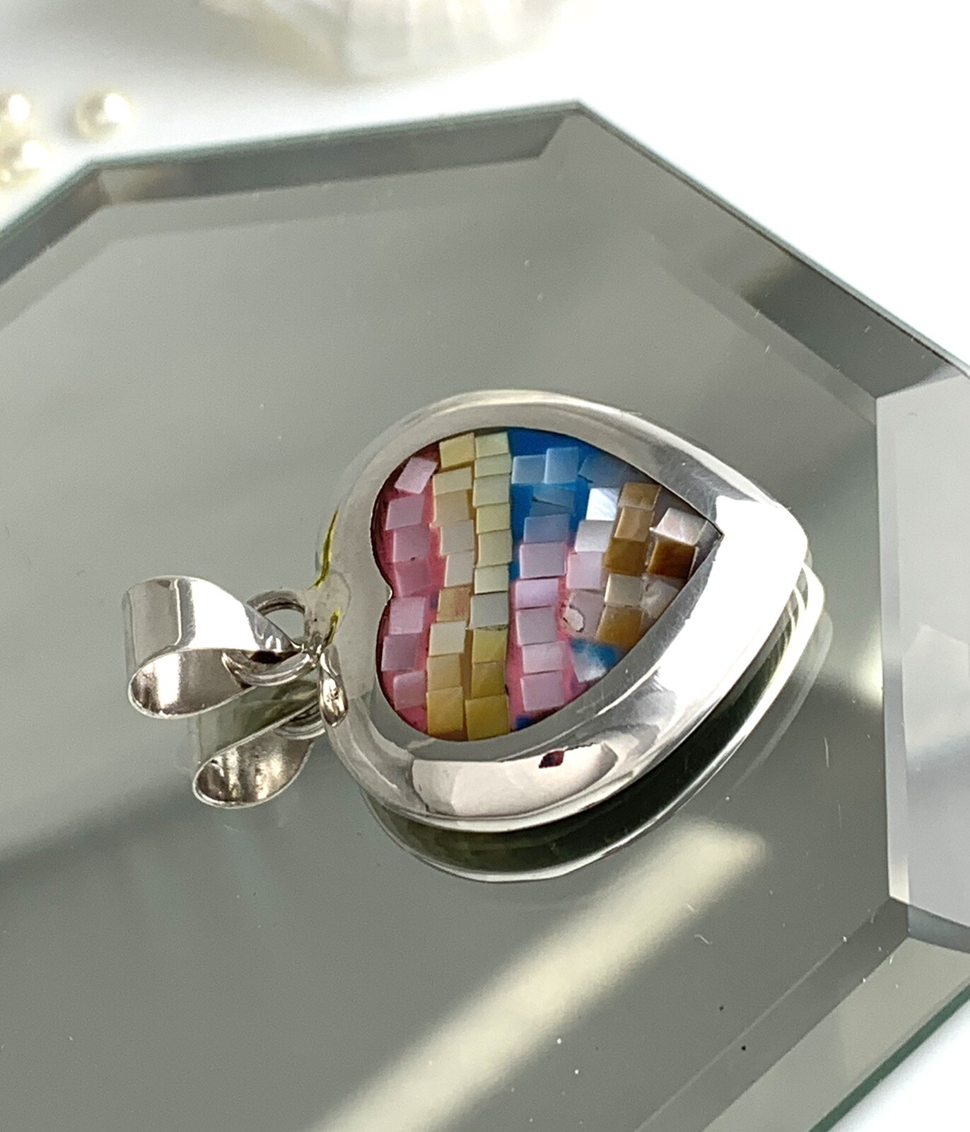 Pendant 925 Sterling Silver HQ Thai ATI Multicolor Mother of Pearl Mosaic Inlay