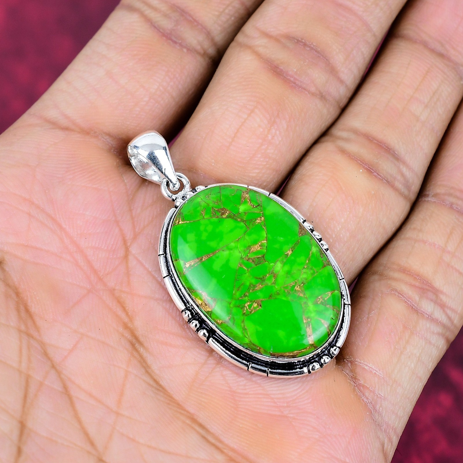 Green Copper Turquoise Gemstone Handmade 925 Sterling Silver Pendant Jewelry