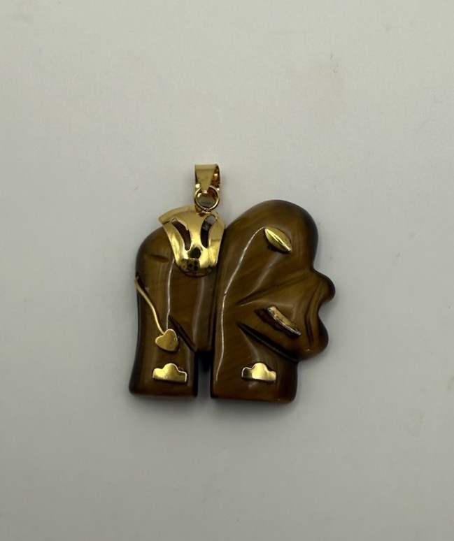 Large Solid 14K Gold Natural Tiger’s Eye Elephant Pendant For Necklace