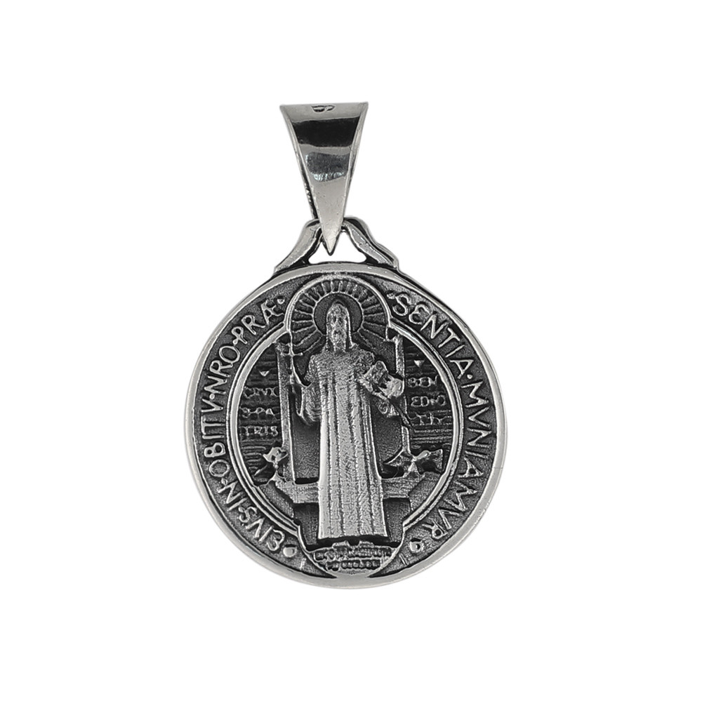 St. Benedict & Crucifix Pendant Sterling Silver Medium Size Pendant, 2 side 24mm
