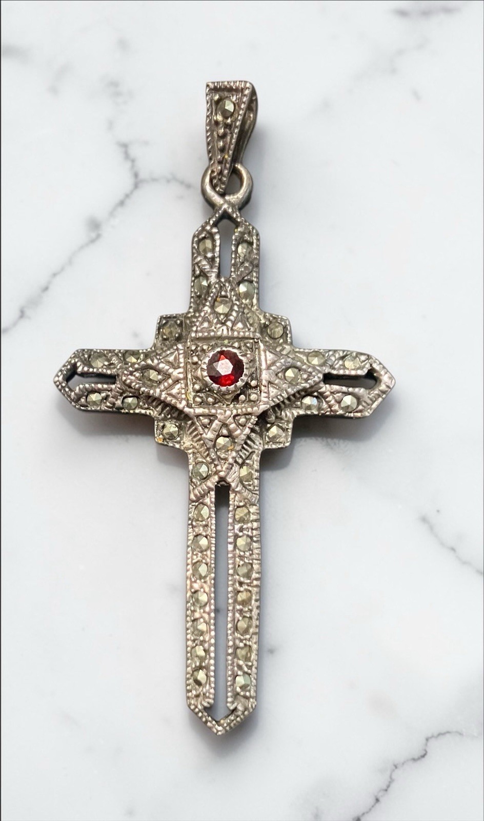 VTG Thai 925 Sterling Silver Red Stone MARCASITE Cross Pendant Gothic Art Deco