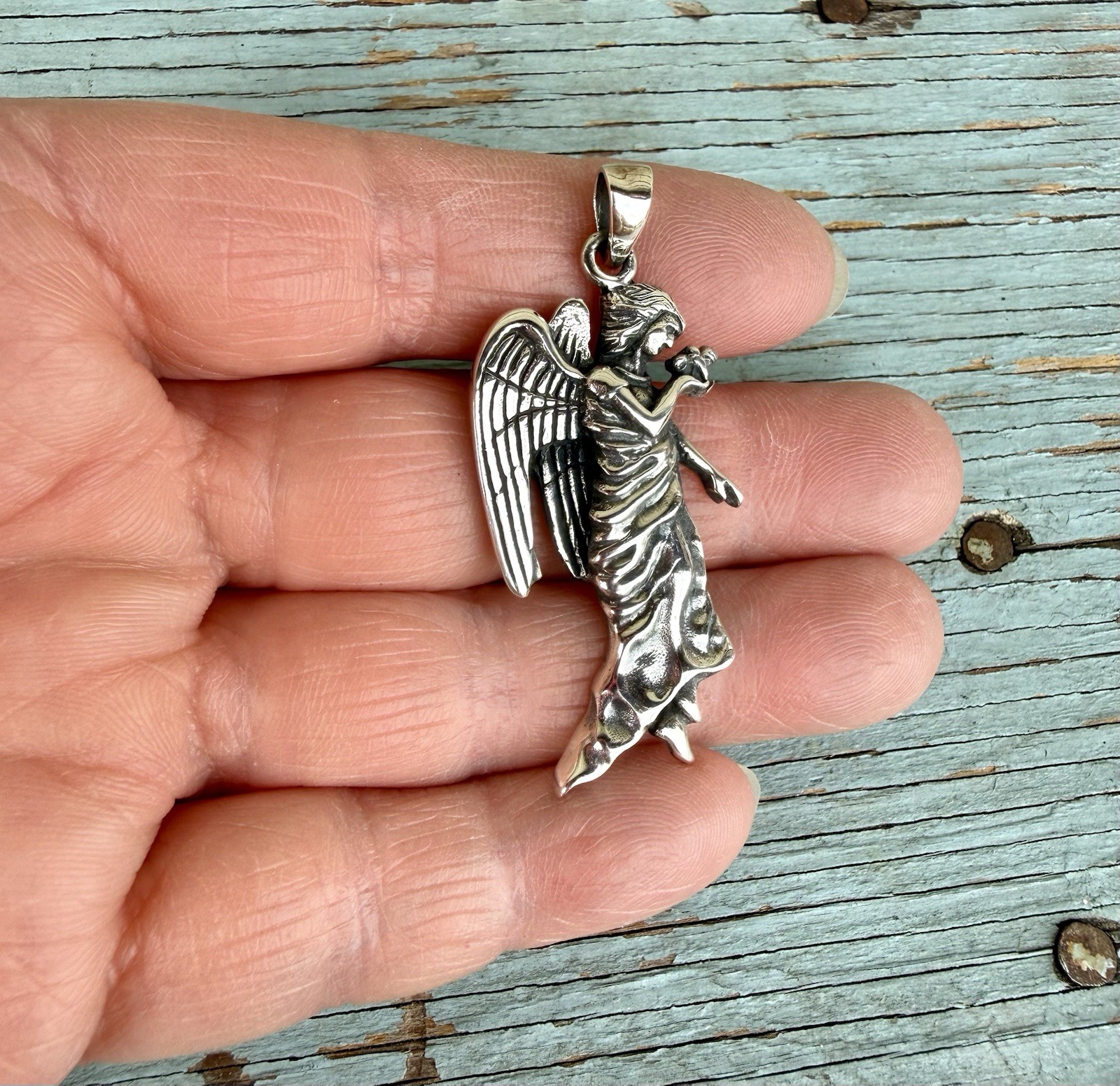 Heavy Sterling Silver 925 Guardian Angel Holding A Bird Pendant For Necklace 2”