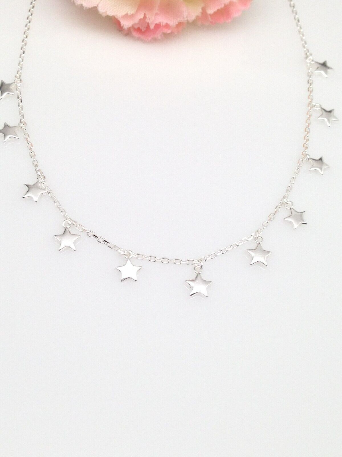 925 Sterling Silver Dangle Star Station Choker Necklace Dainty 3.5mm 15.5″ Women