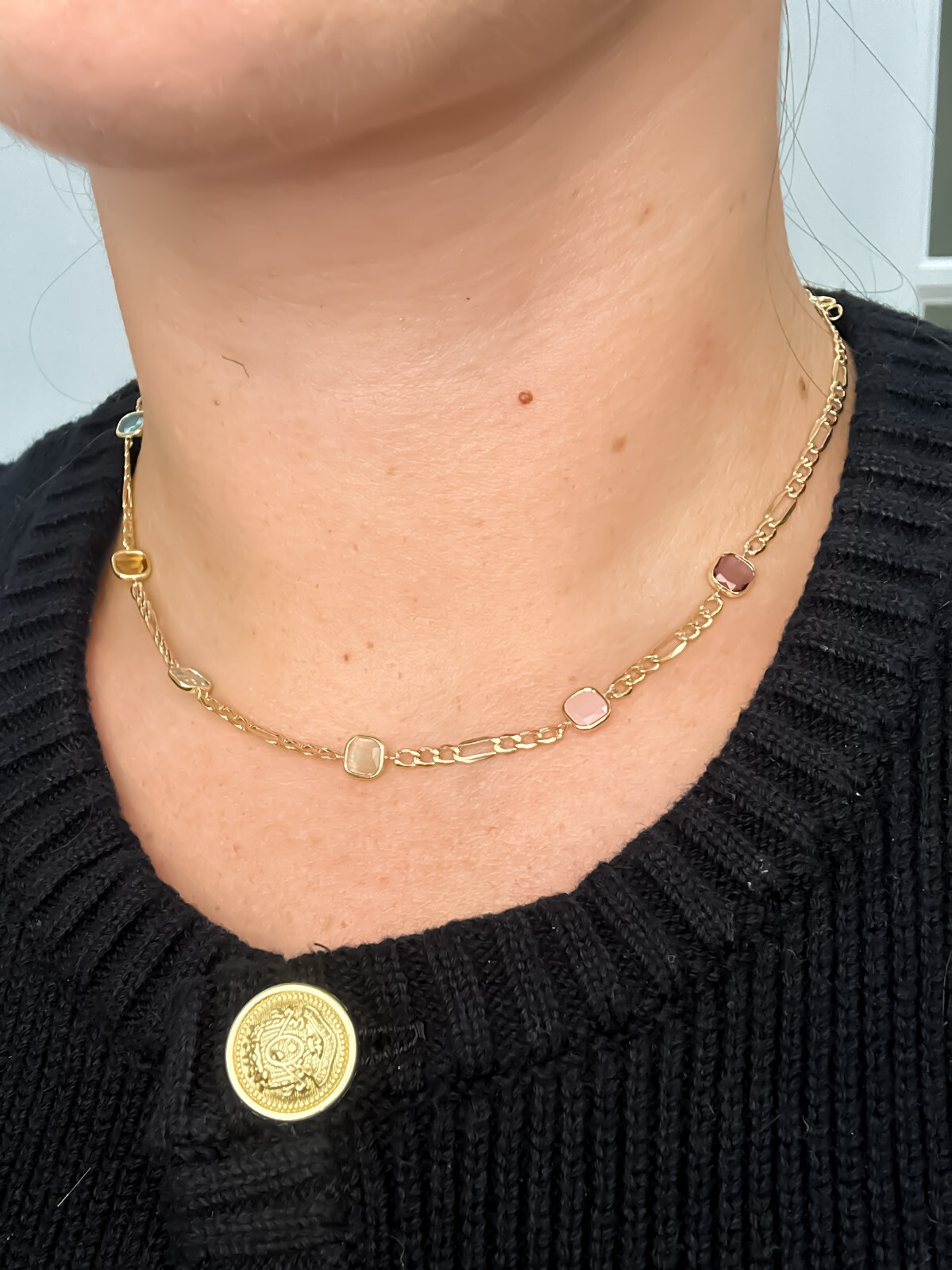14k Solid Gold Colorful Stones on Figaro Chain 16″ 3mm, Yellow Gold, Multi Color