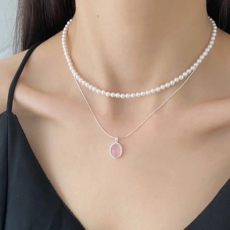 925 Sterling Silver Pink Crystal Moonstone Necklace Women Oval Pendant