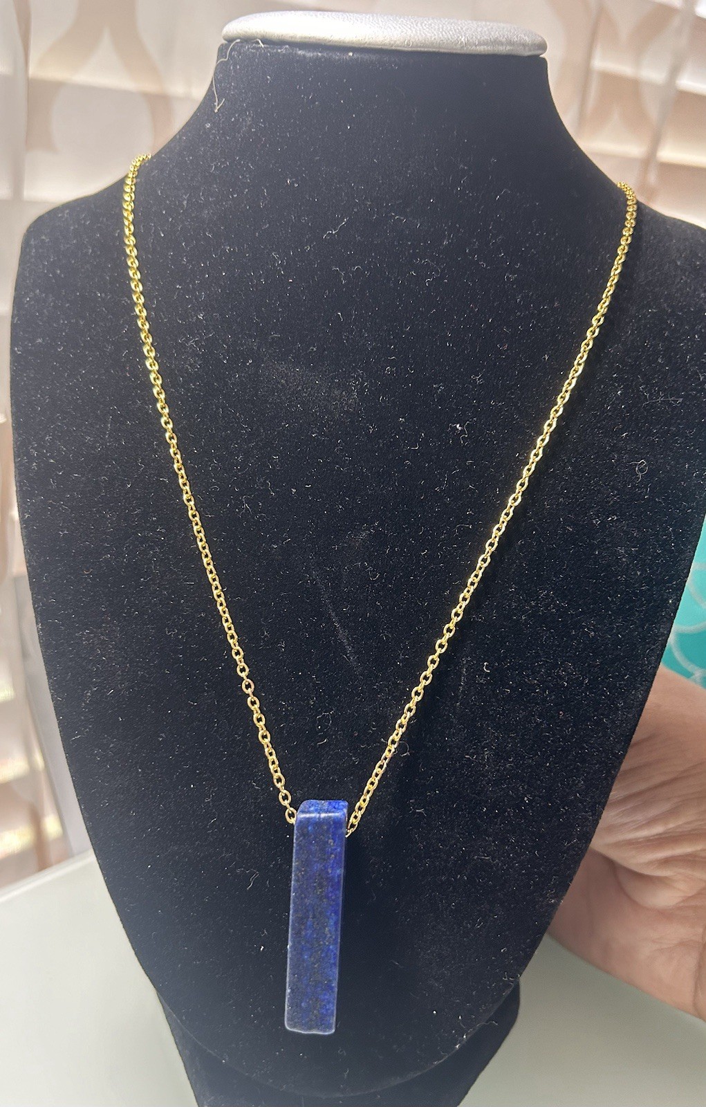 Lapis Lazuli Faceted Blue Gemstone Pendant Gold Chain Bar Necklace