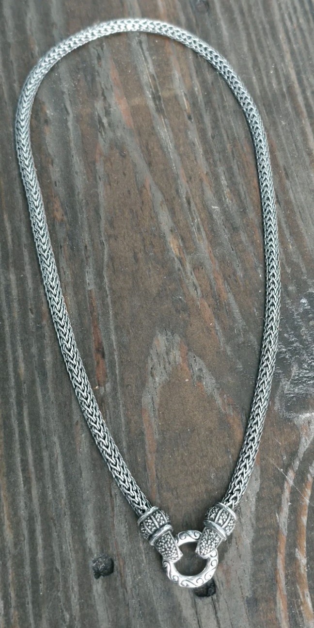 VTG CNA 925 Sterling Silver Marcasite Woven Wheat Chain Front Clasp Necklace 16″