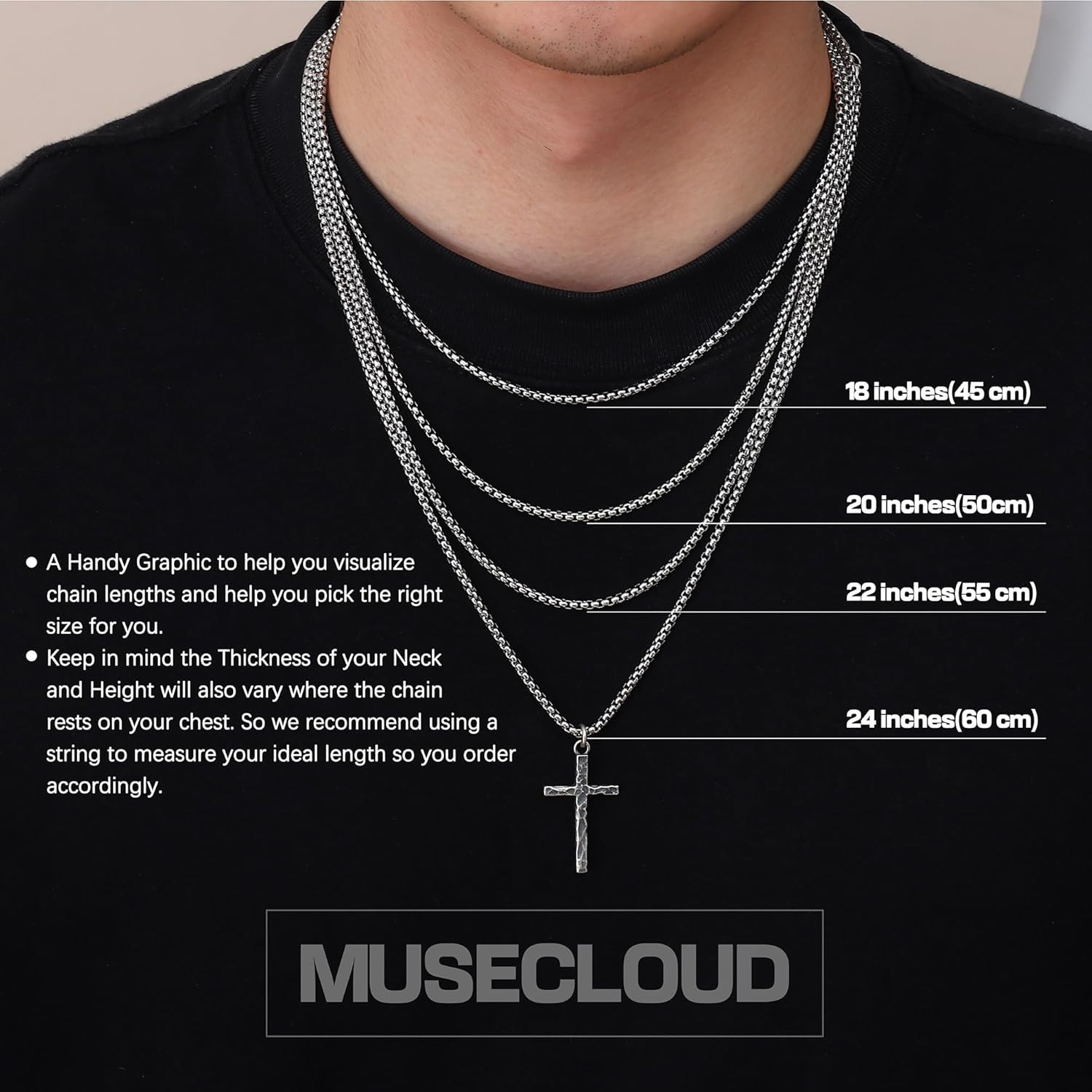 925 Sterling Silver Cross Necklace Men – Oxidized Hammered Cross Pendant with St