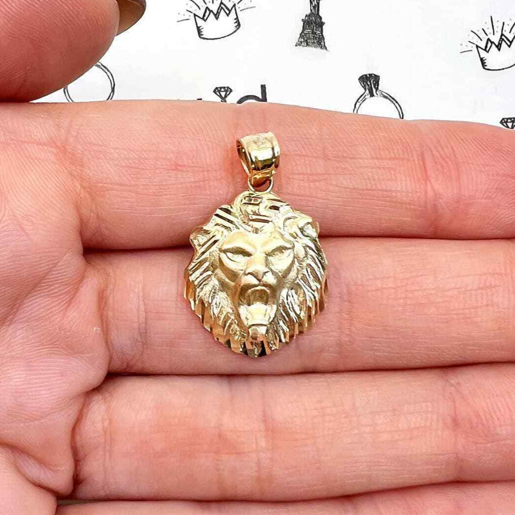10K Real Gold Diamond-Cut Lion Head Charm Pendant 1″