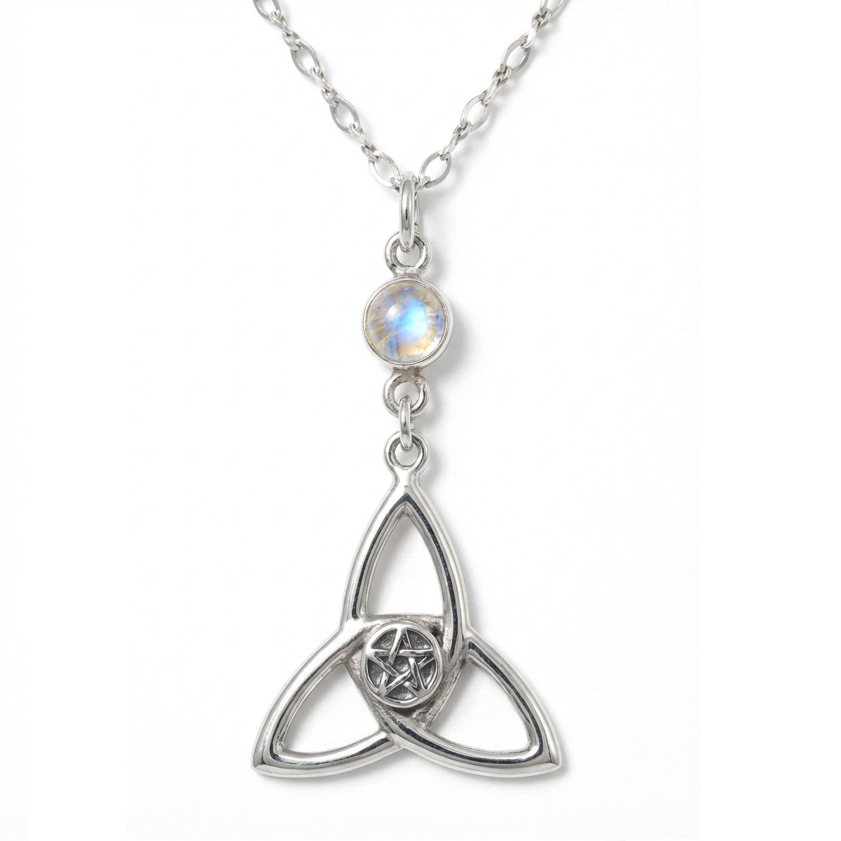 Vintage 925 Sterling Silver Wiccan Rainbow Moonstone Triquetra Pentacle Necklace