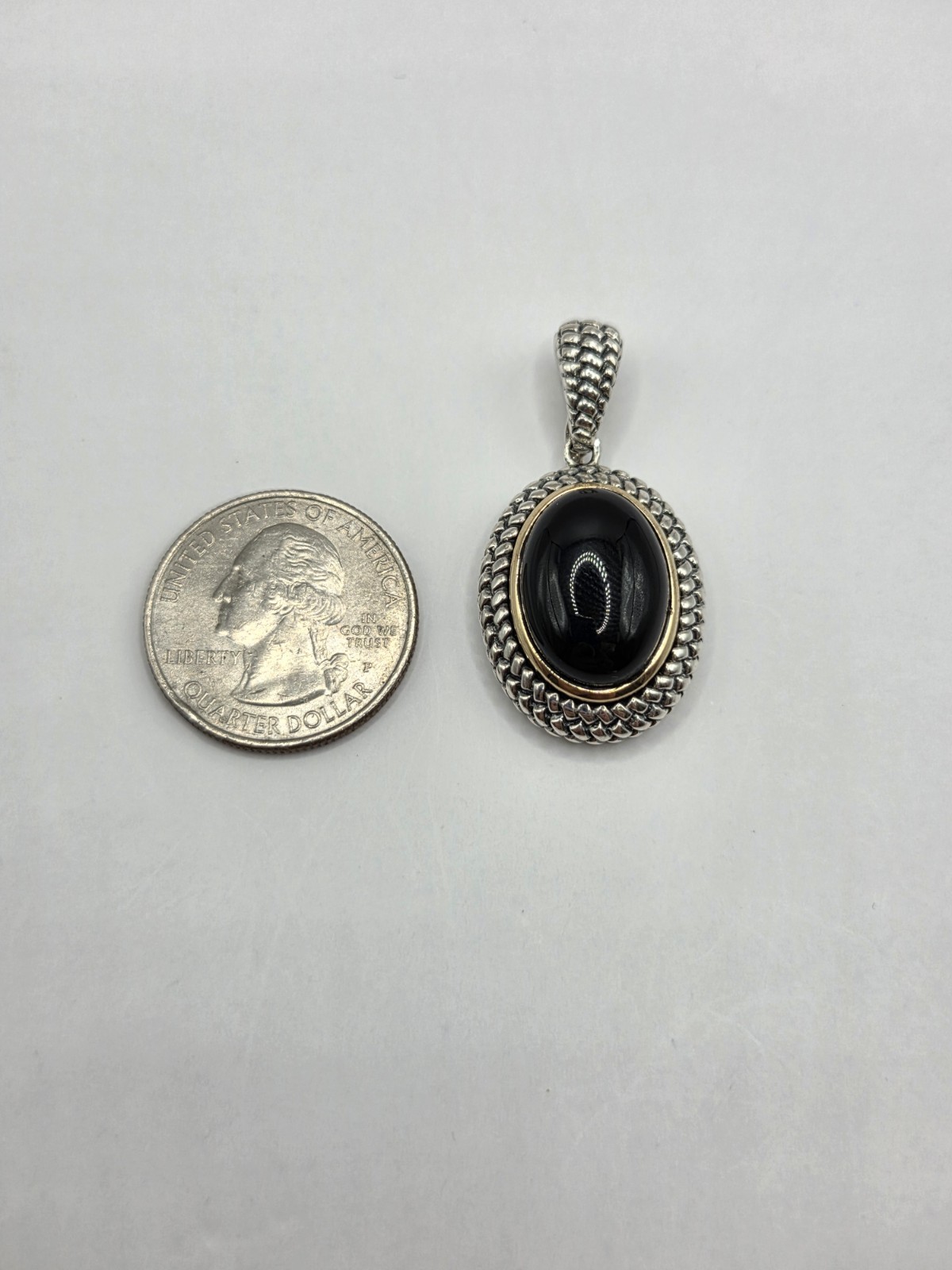 925 Sterling Silver Oval Black Onyx With 14k Bezel Set Pendant