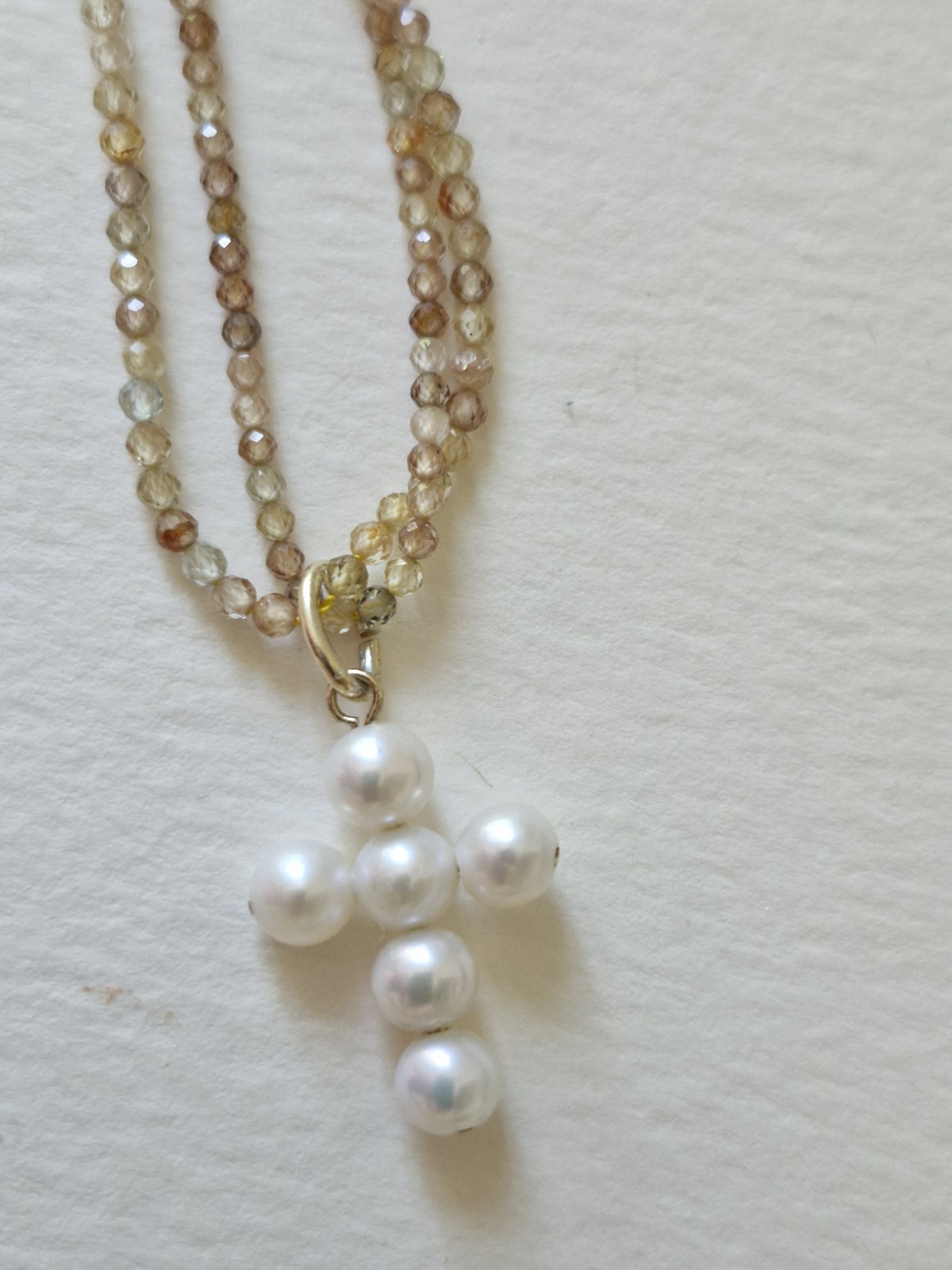 Natural ZIRCON Necklace 70cm With Akoya Pearls CROSS Removable.