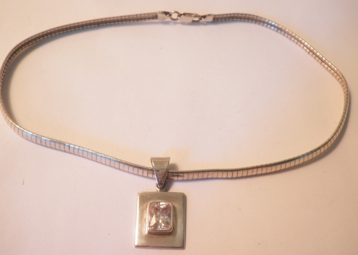 Sterling Silver 16″ Chain Necklace 7mm w/ Crystal Pendant 36.1 Grams-Excellent!