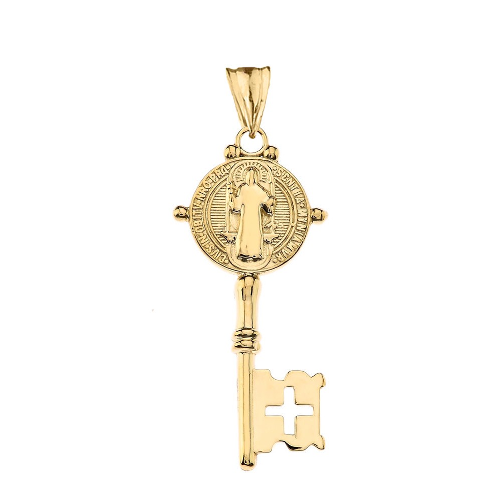 Gold Saint Benedict Double Sided Cross Key Pendant Necklace