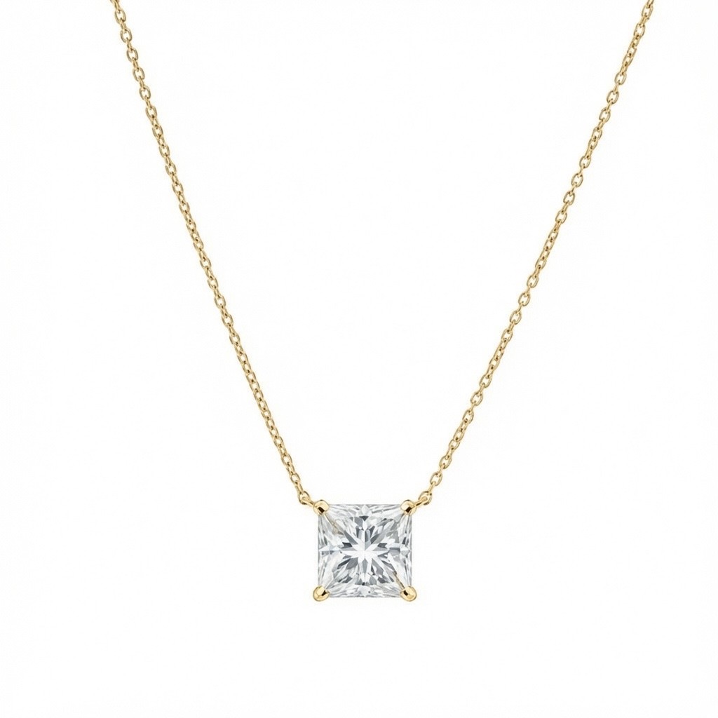 1.25 Ct Princess Lab Grown Floating Diamond E/VS Pendant Solid 14K Yellow Gold