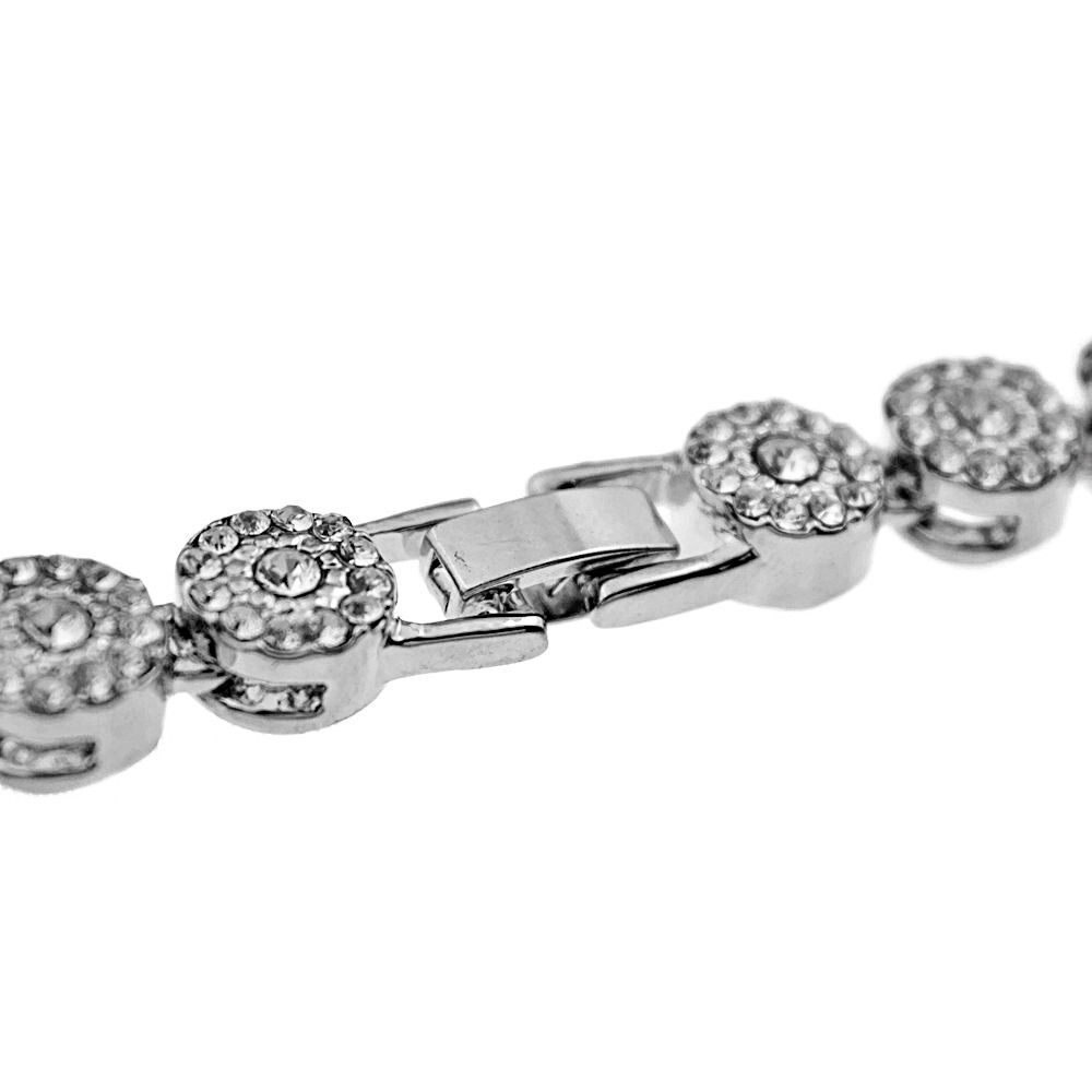 Men’s Flower Cluster Hip Hop Chain CZ Iced Bling Out One Row Silver Tone 36″