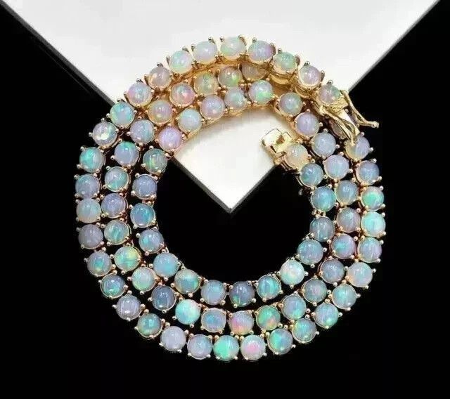 20 Ct Round Natural Fire Opal Tennis Women’s Necklace 14K Yellow Gold Plated