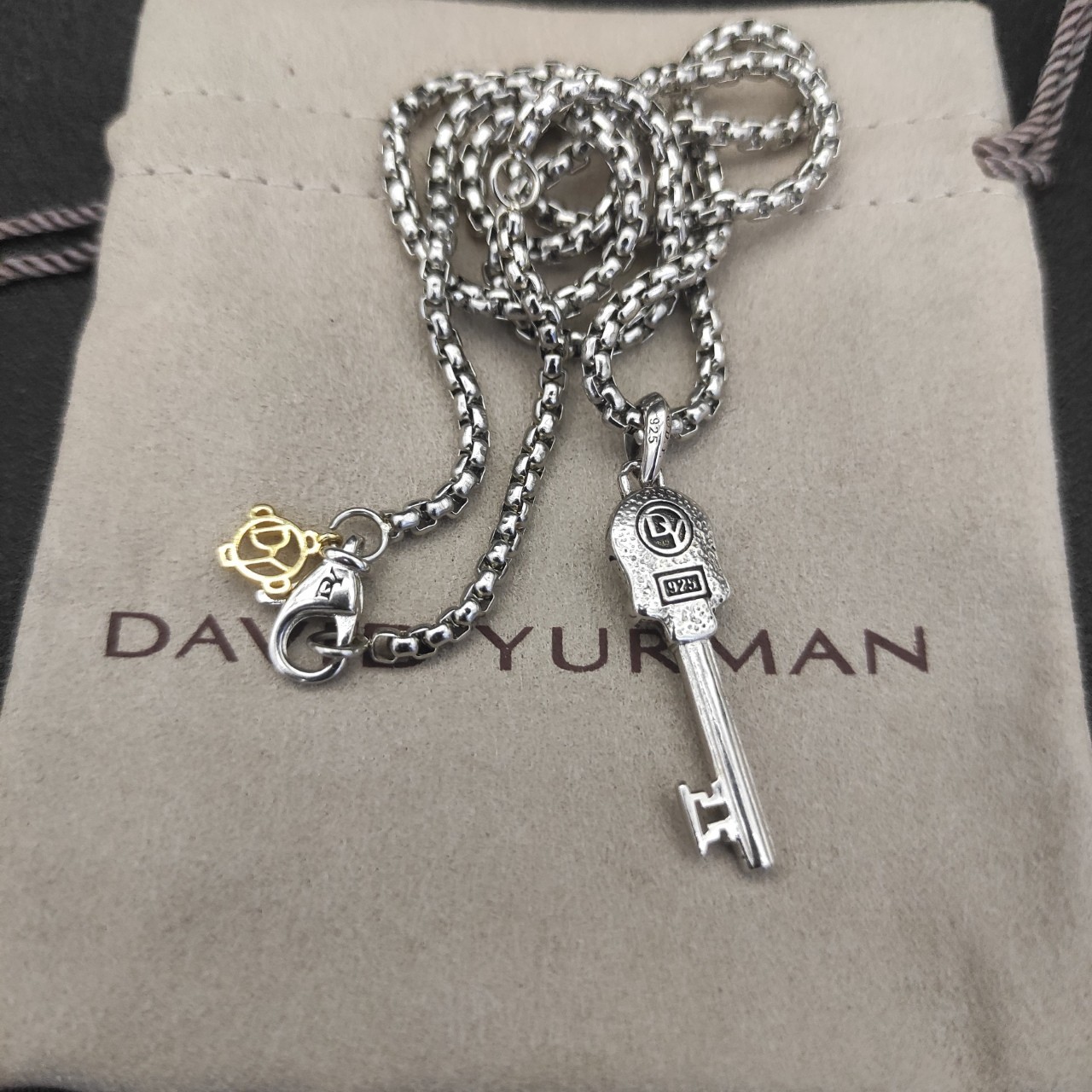 925 Silver David Yurman 3mm Skull Key Amulet Pendant 20″ with Black Diamond