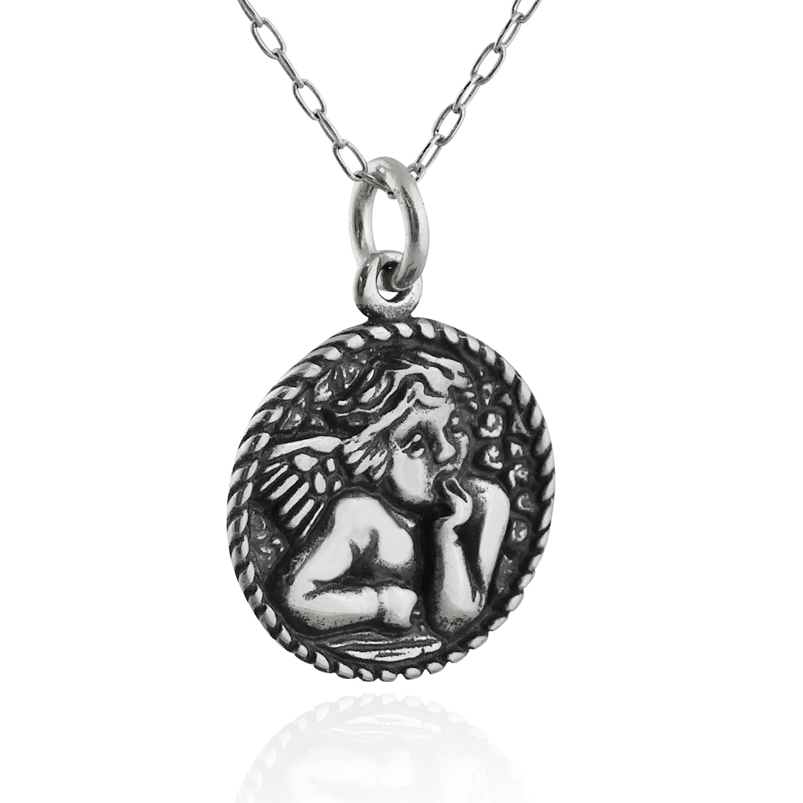 Round Cherub Angel Charm Necklace – 925 Sterling Silver – Guardian Angels Gift