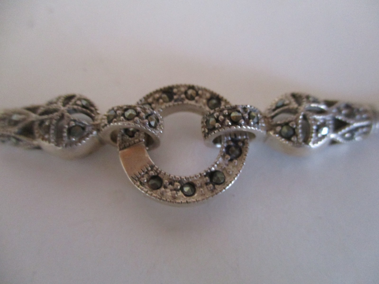 Sterling Silver 16″ Chain & Marcasite~29 Stones~ with Double Clasps + Bell Charm