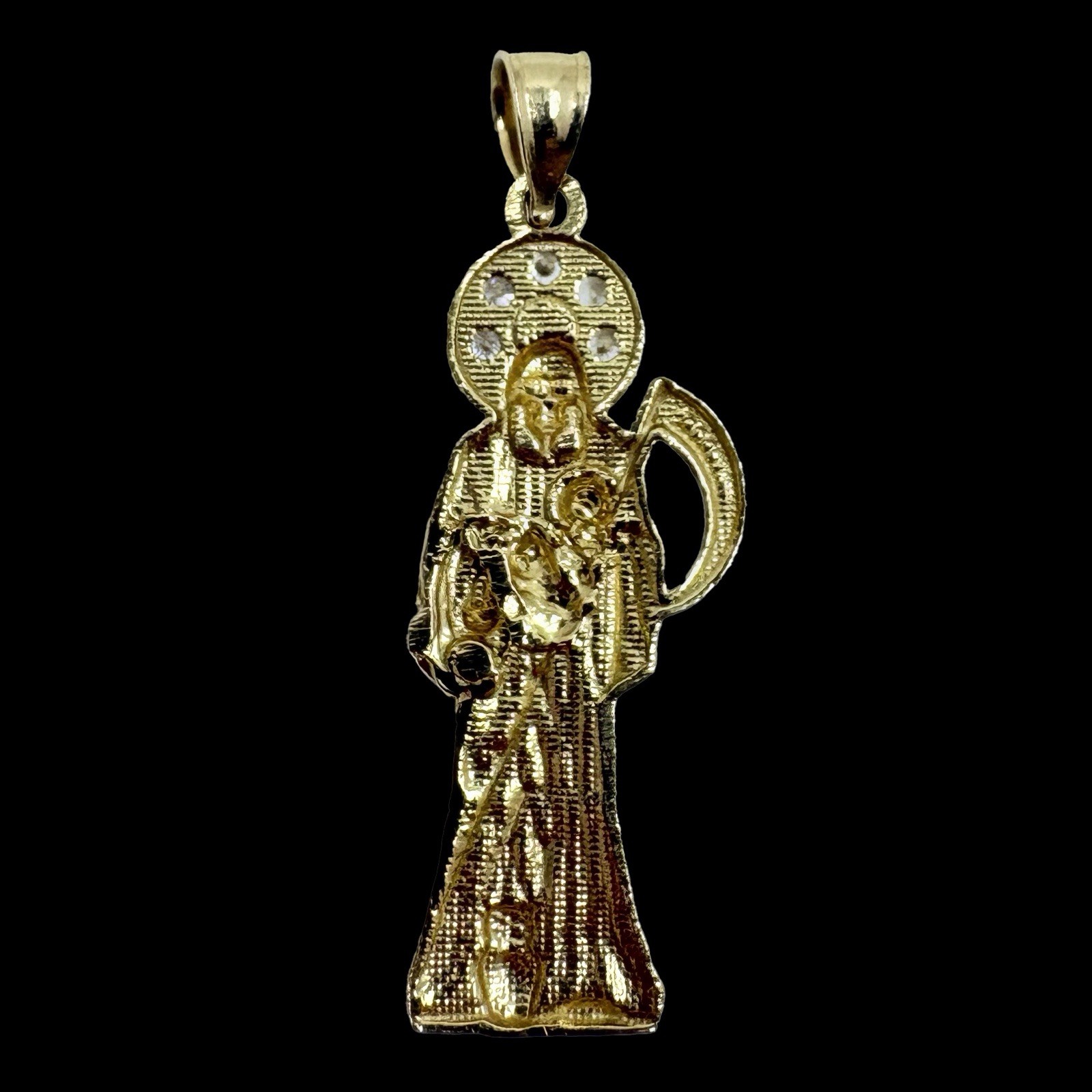 14k Gold Santa Muerte Grim Reaper Pendant Non-Diamond & Red Gemstone