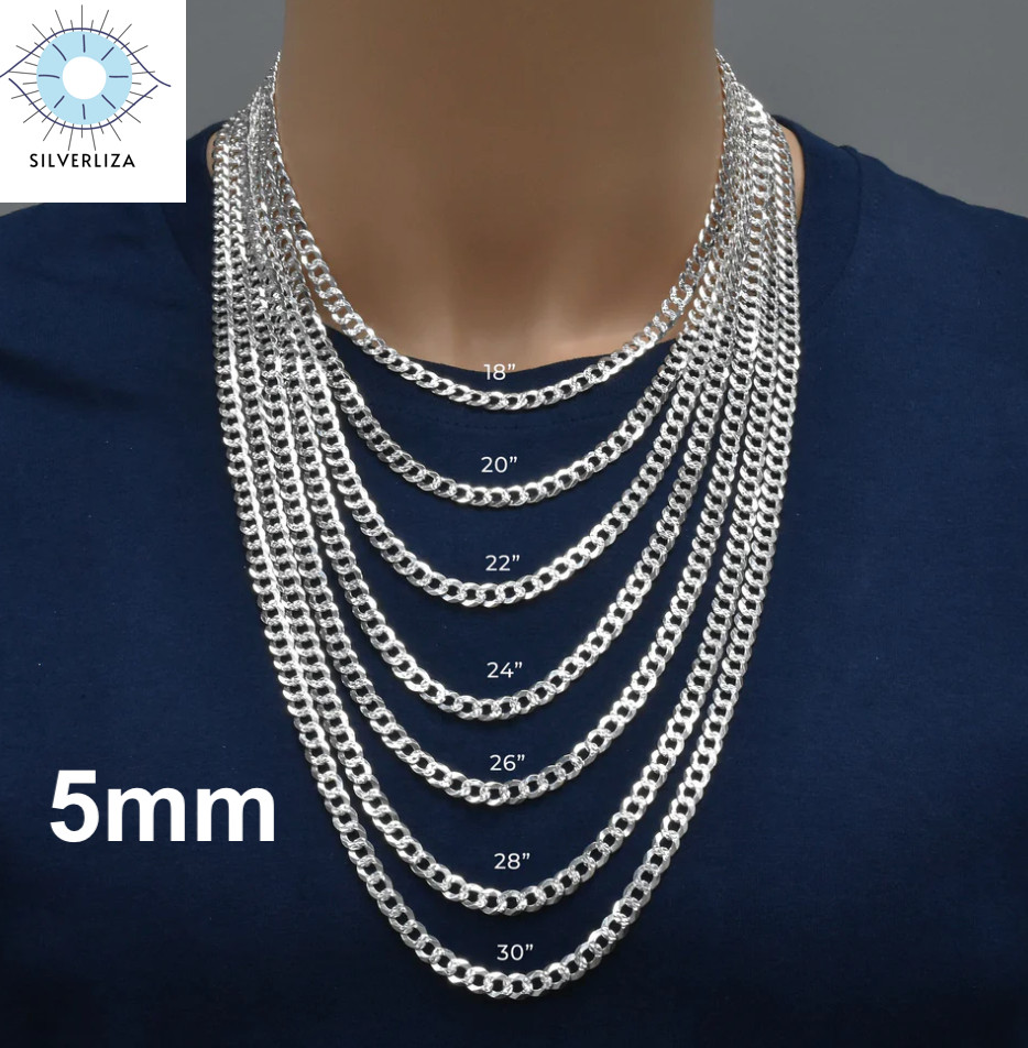 Real 925 Sterling Silver Mens Diamond Cut Curb Cuban Chain Bracelet or Necklace