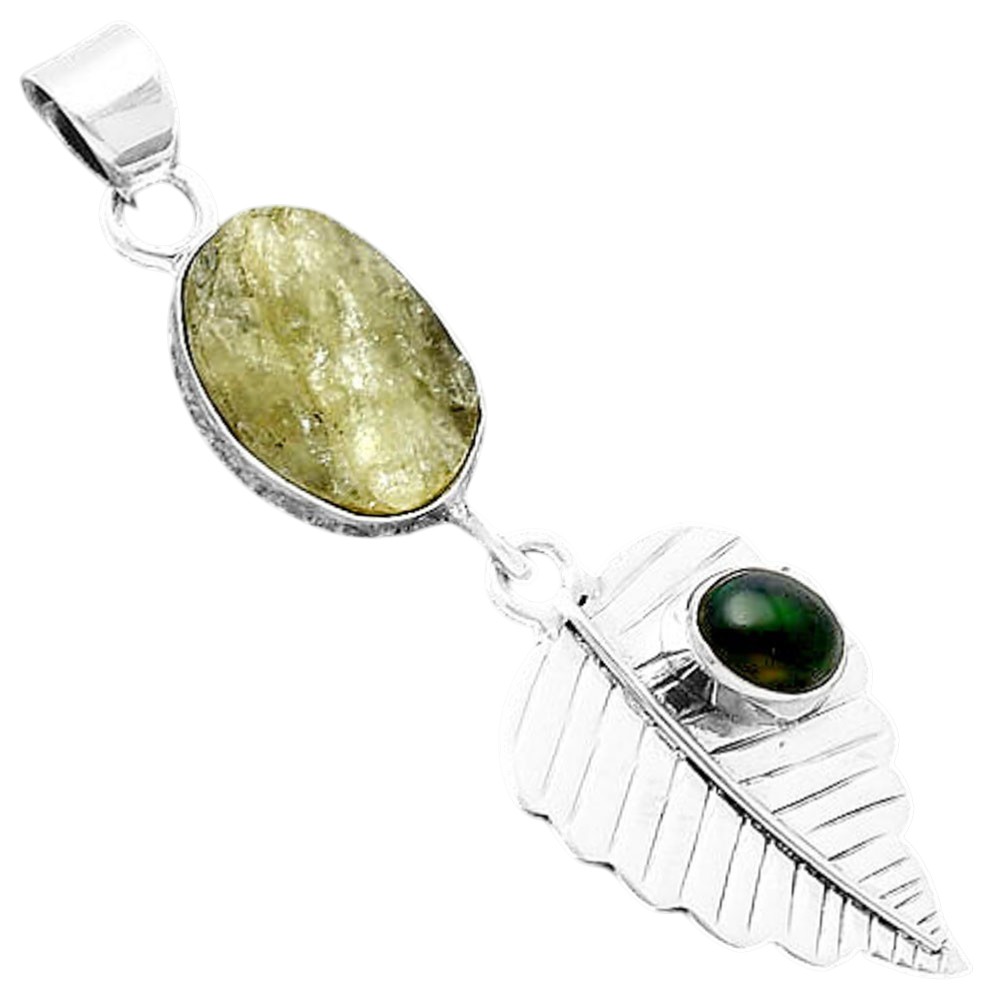 Leaf Green Kyanite Rough & Black Ethiopian Opal 925 Silver Pendant P-1539