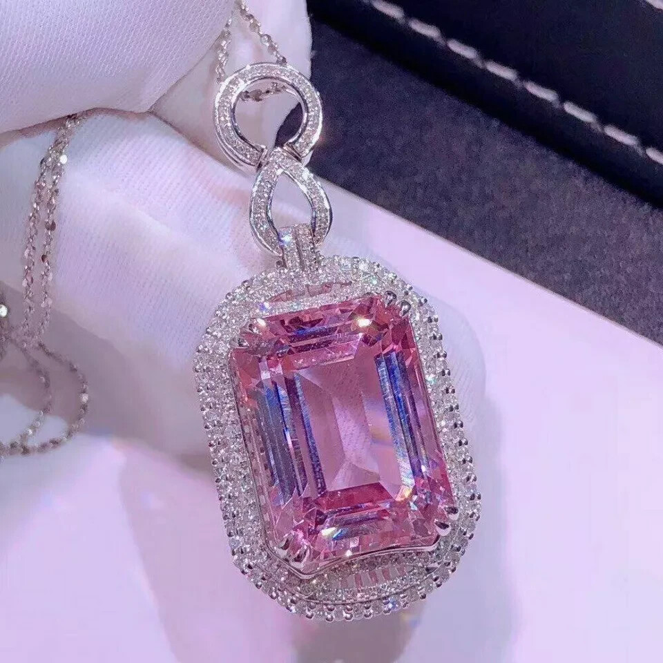 5Ct Emerald Pink Sapphire Cocktail Halo Pendant 14K White Gold Finish Free Chain