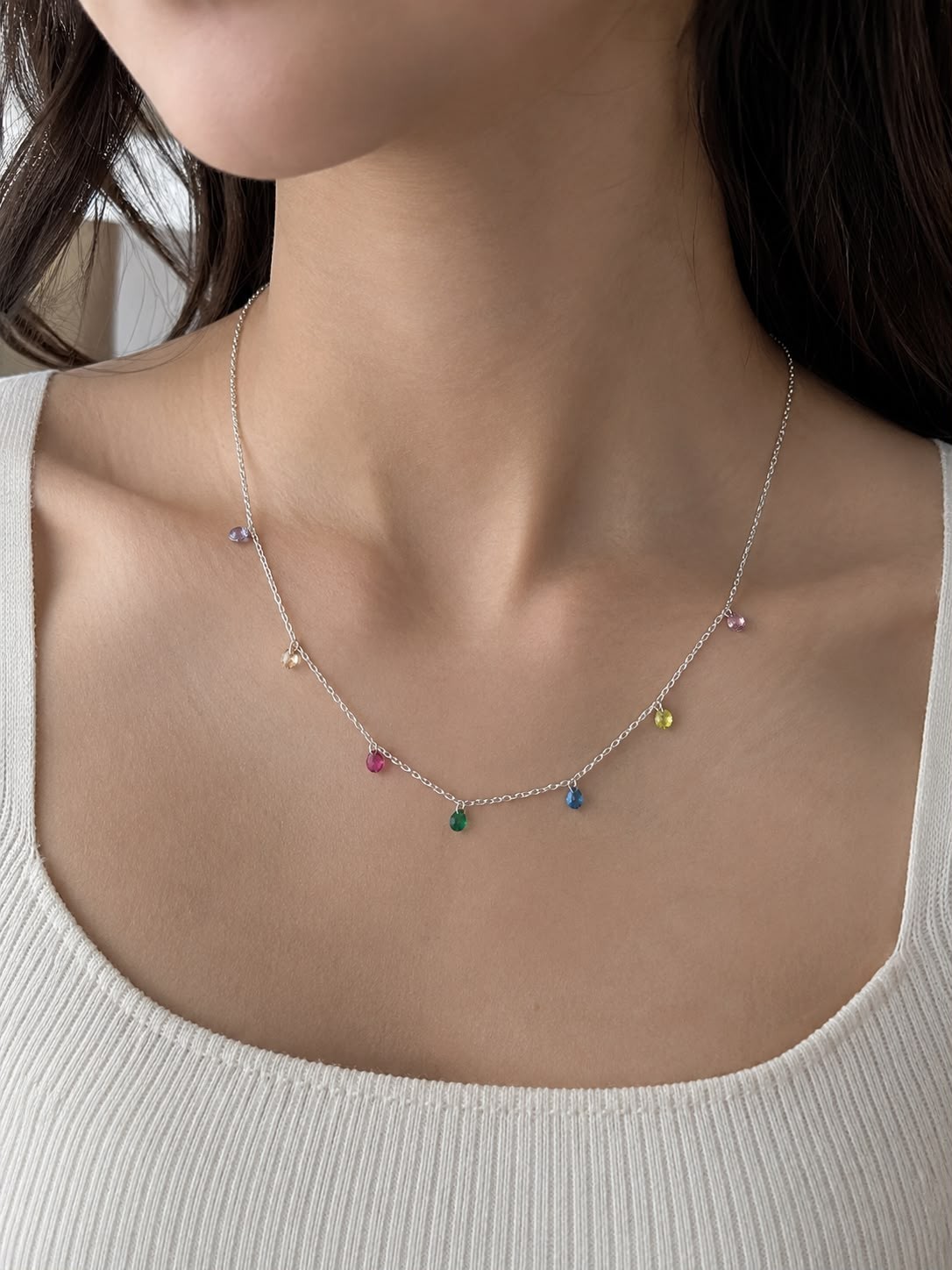 925 Sterling Silver Dainty Necklace with 7 Colorful Glass Stones for Women