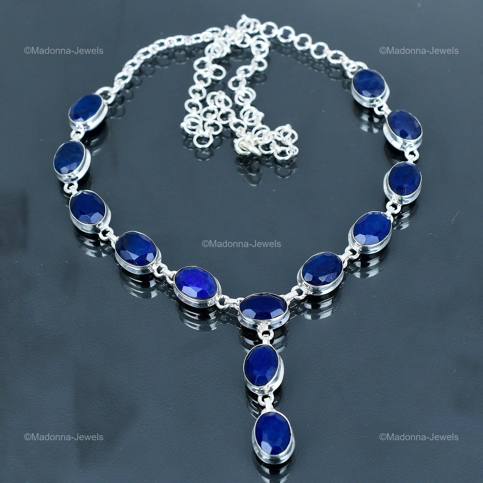 Womens day Deal Blue Saphire Gemstone Chain Necklace Jewelry 925 Sterling Silver