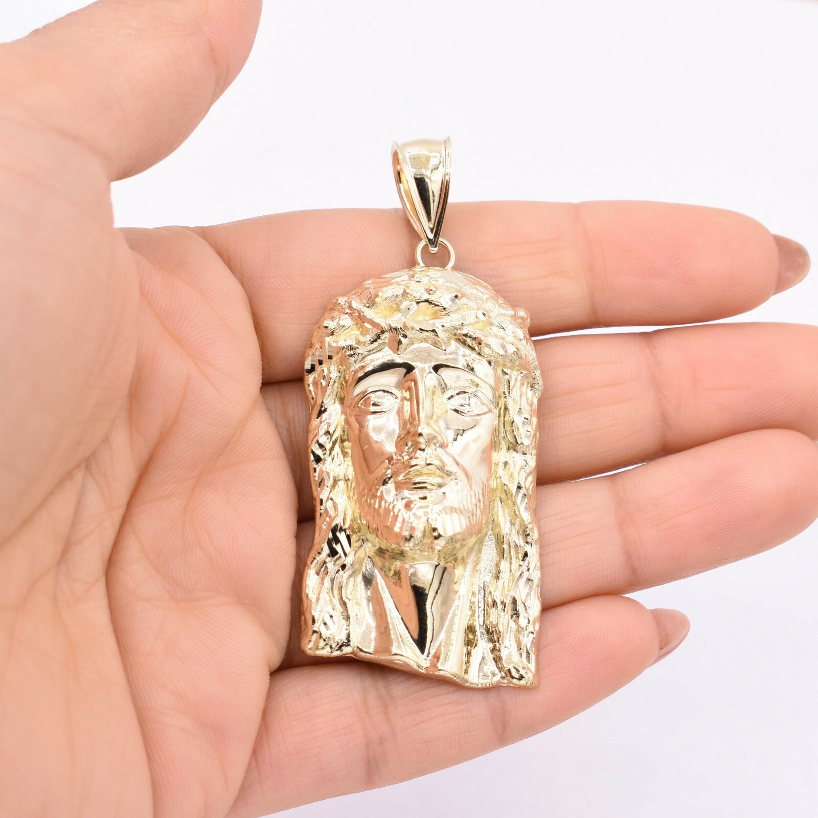 2 3/4″ Textured Face of Jesus Pendant Charm Real Solid 10K Yellow Gold