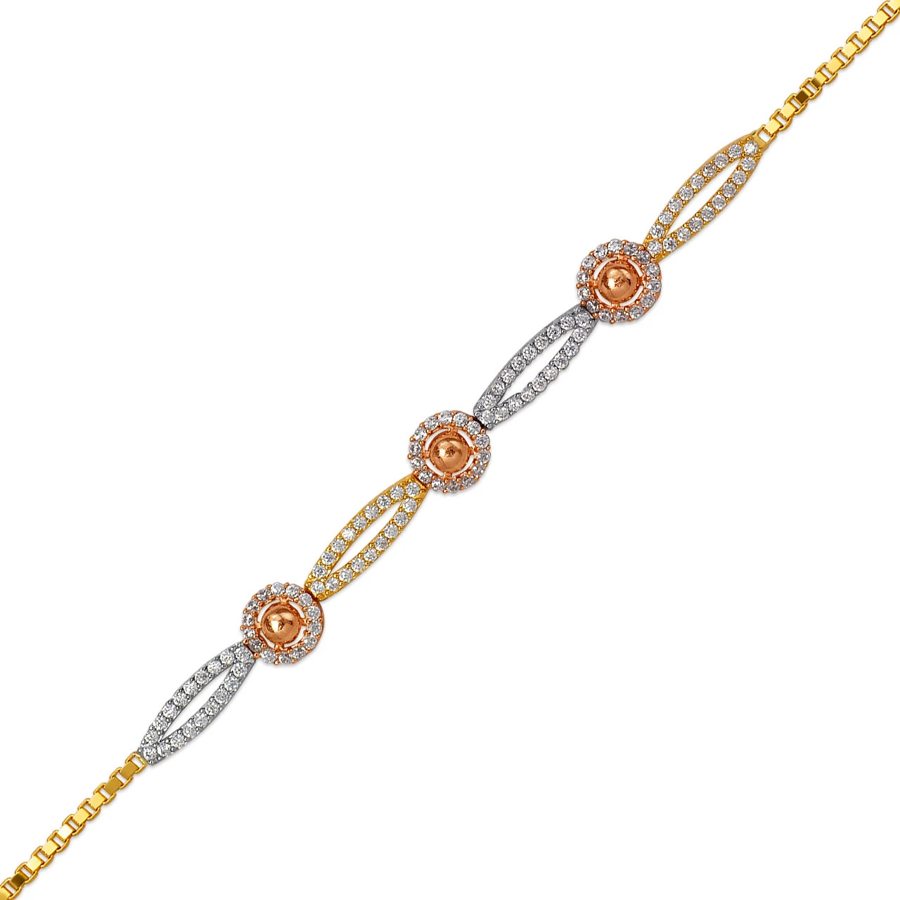 14K Tricolor Gold 6mm Center, 1mm Ladies Bracelet High Polished Fancy Chain