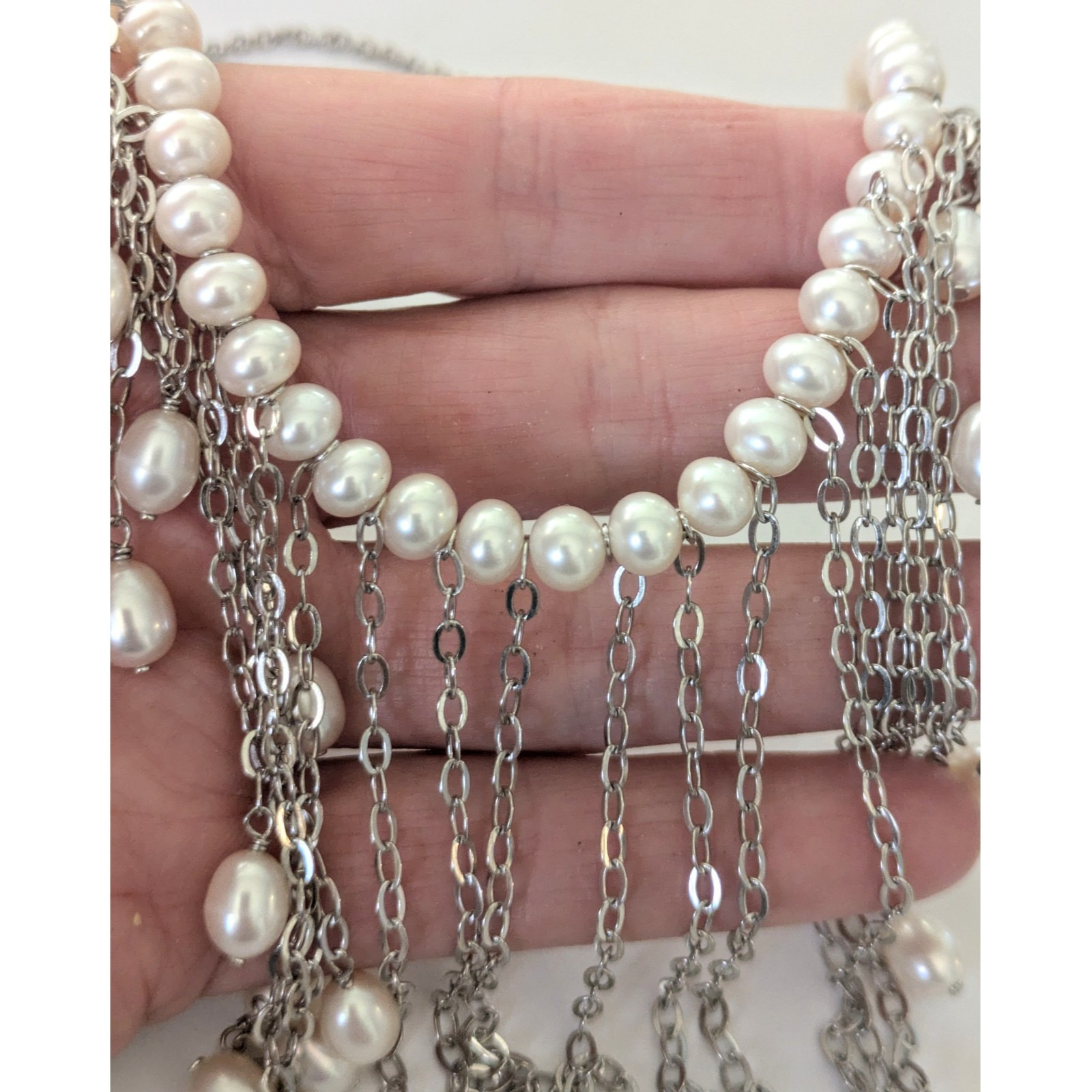 Sterling Silver White Cultured Pearl Fringe Bib Dangle 925 Gemstone Necklace