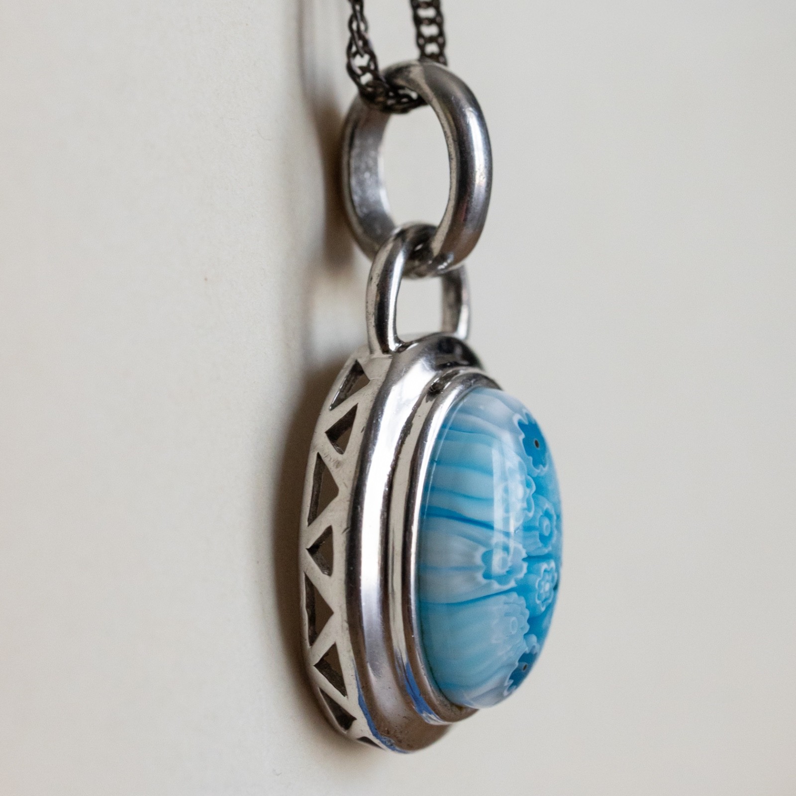 Alan K Signed 925 Sterling Millefiori Murano Glass Blue Flower Pendant Oval