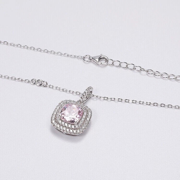 2Ct Cushion Cut Sapphire & Diamond Halo Pendant 18″ Free Chain 14k White Gold FN