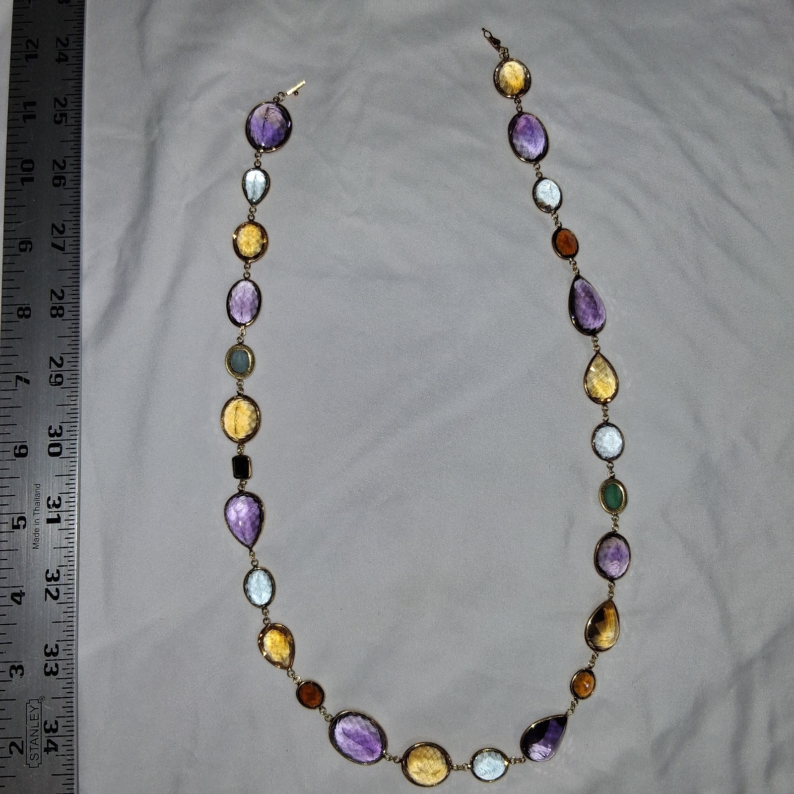 18k Yellow Gold multi color shape stone long necklace
