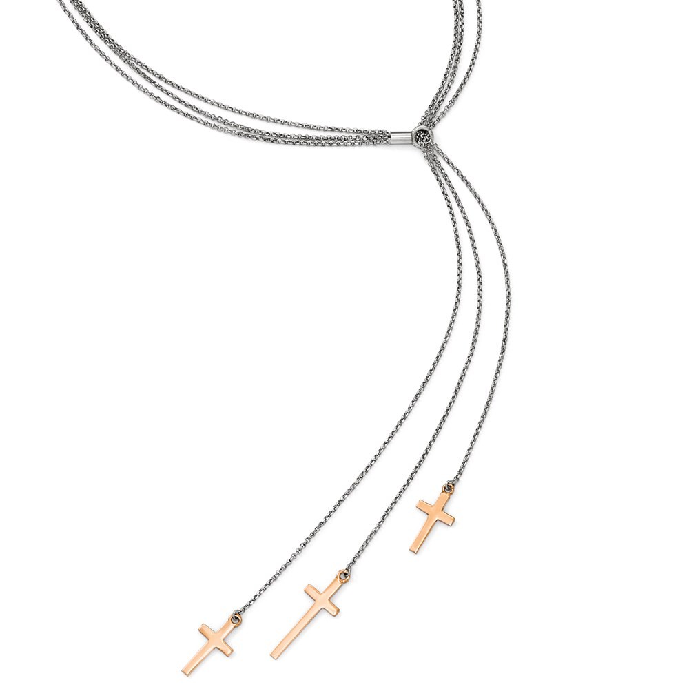 Sterling Silver 3 Rose-tone Cross Adjustable up to Slip-on Necklace 24″