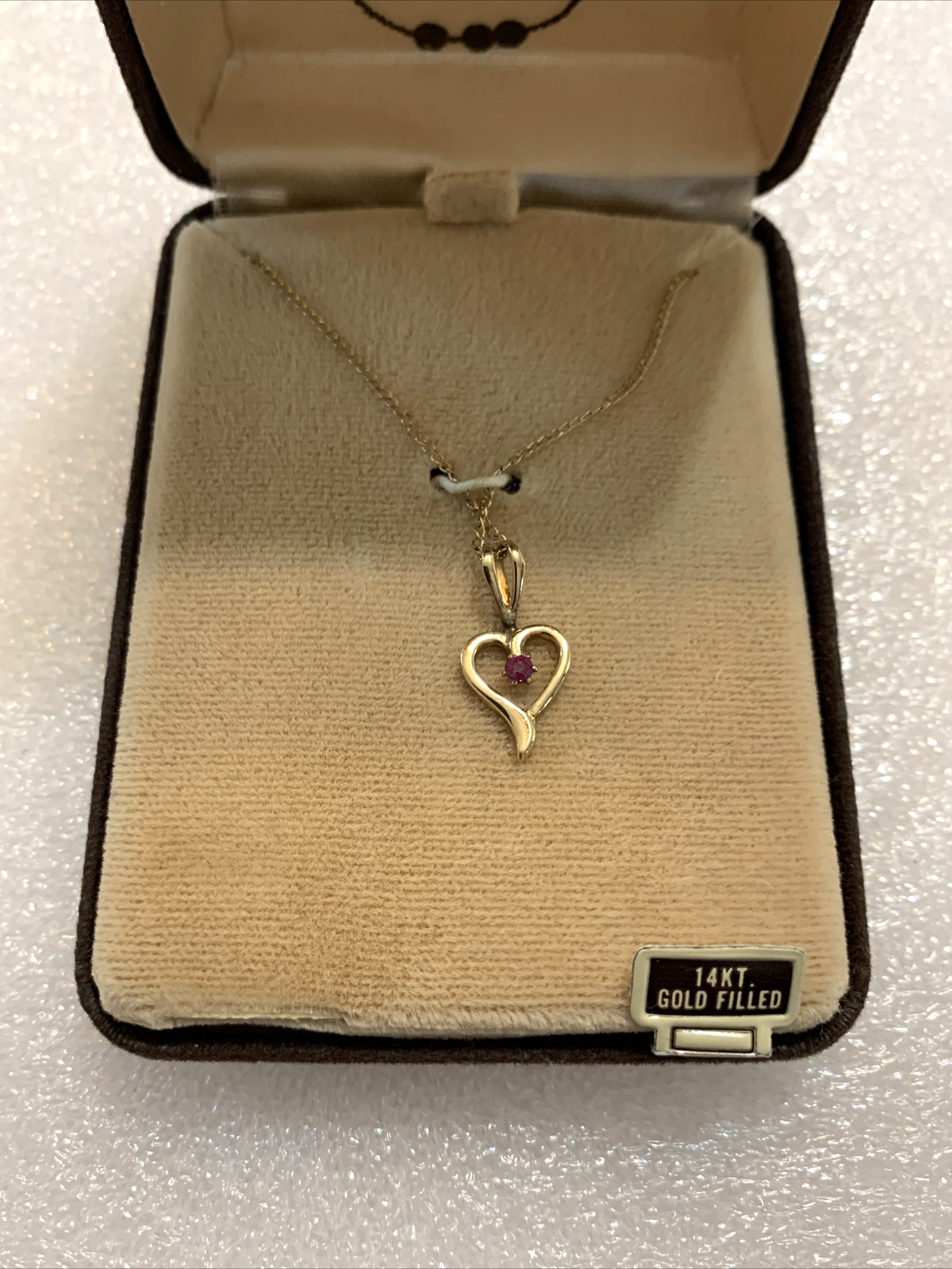 Vtg 14K GF Heart with Ruby 18″ Chain in Original Jewelers Box 1970s