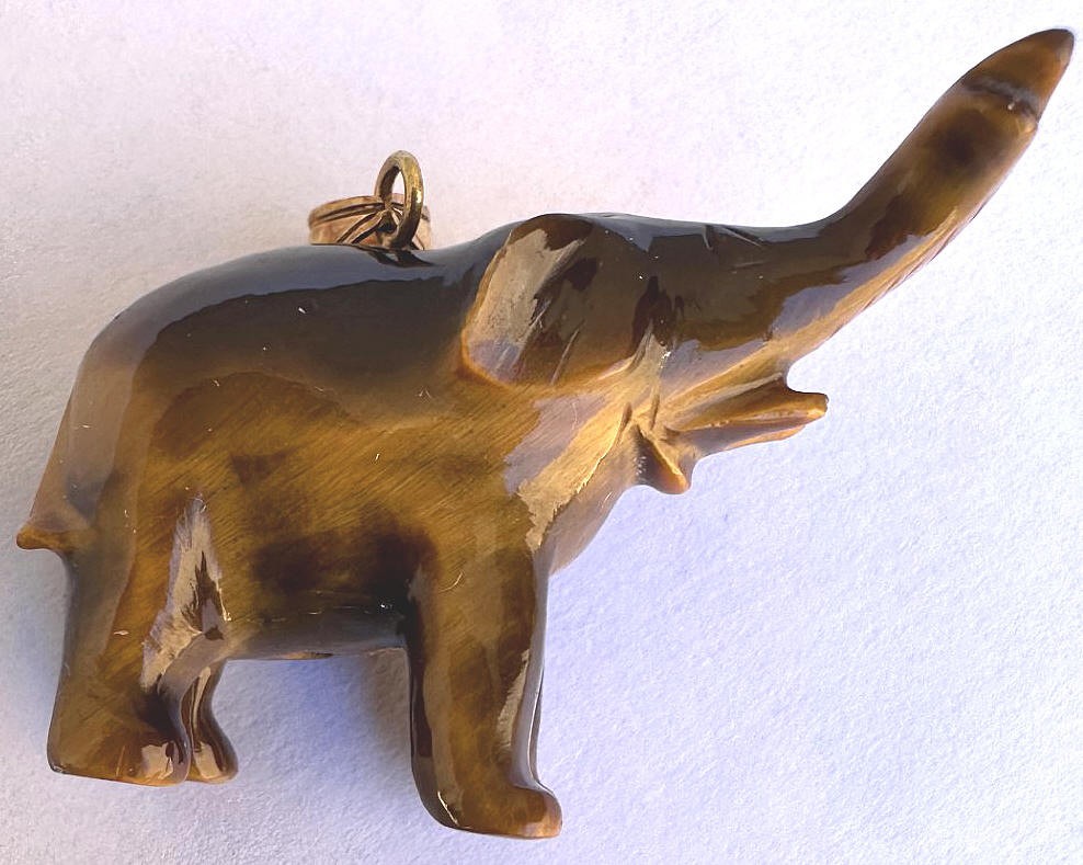 Beautiful 14K Gold and Natural Tiger Eye Stone Elephant Pendant