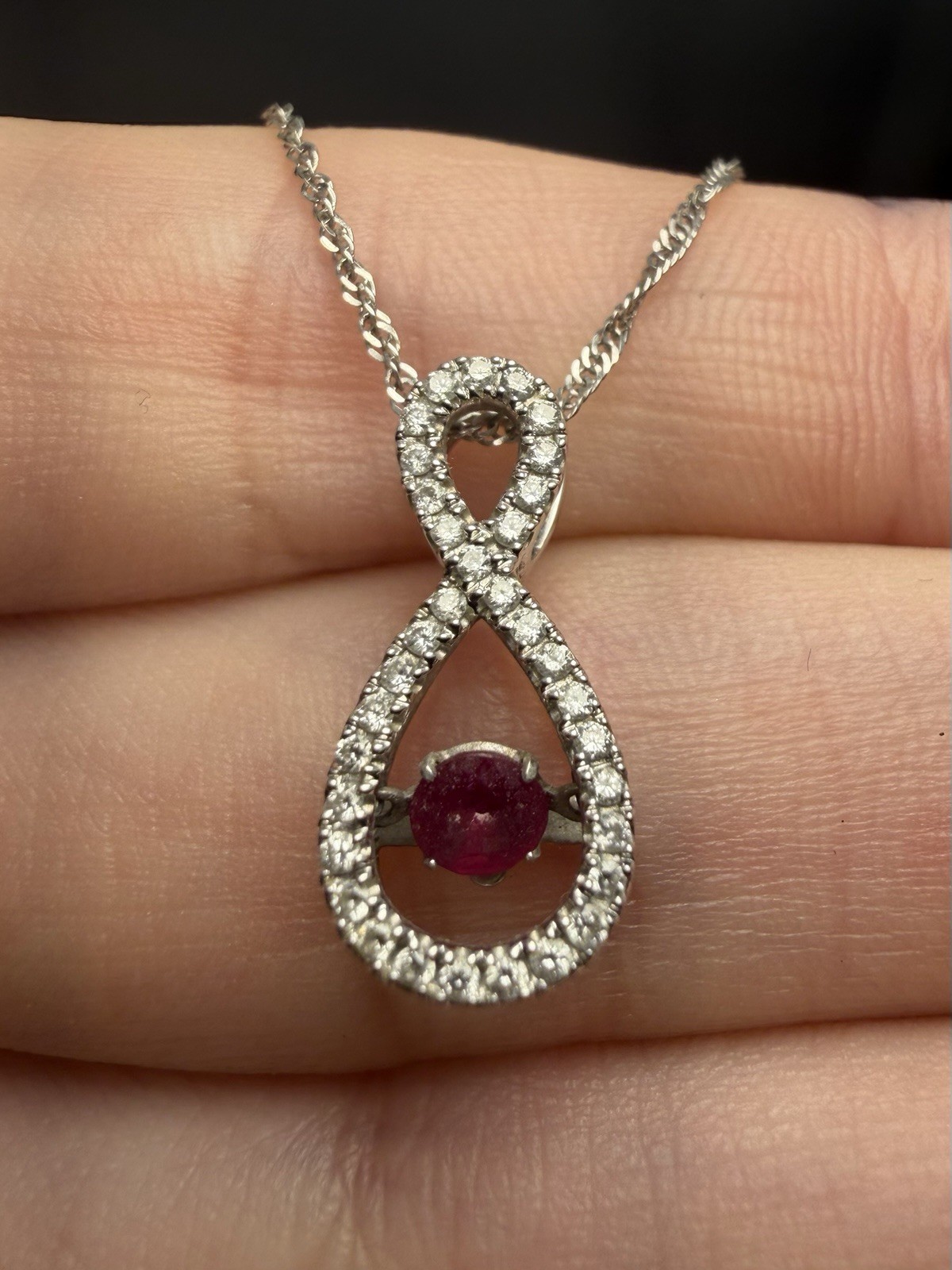 14K White Gold Natural Ruby & Diamond Infinity Pendant Necklace Estate Jewelry