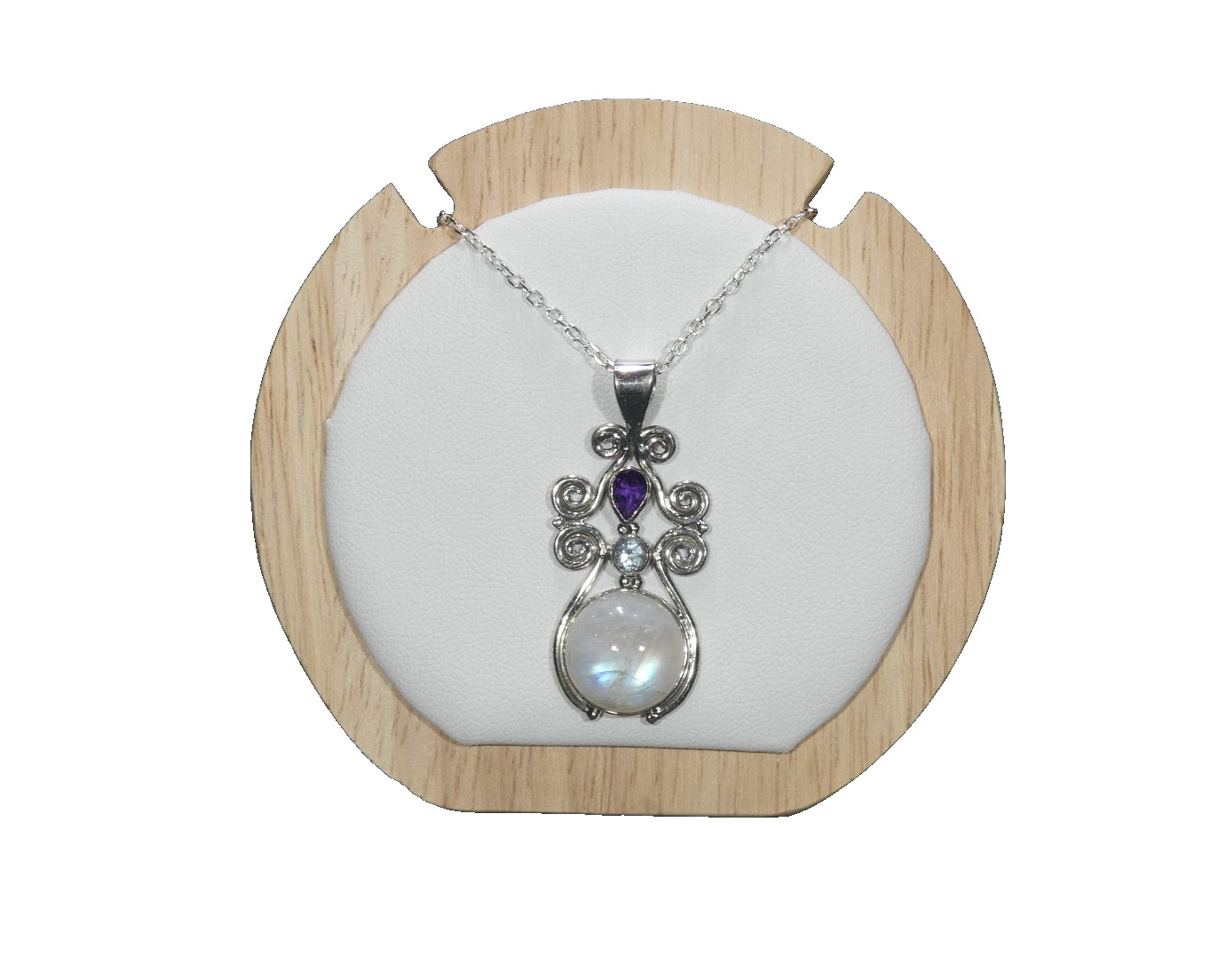 Natural Rainbow Moonstone,Amethyst,Topaz Solid Sterling Silver Necklace-52 cm