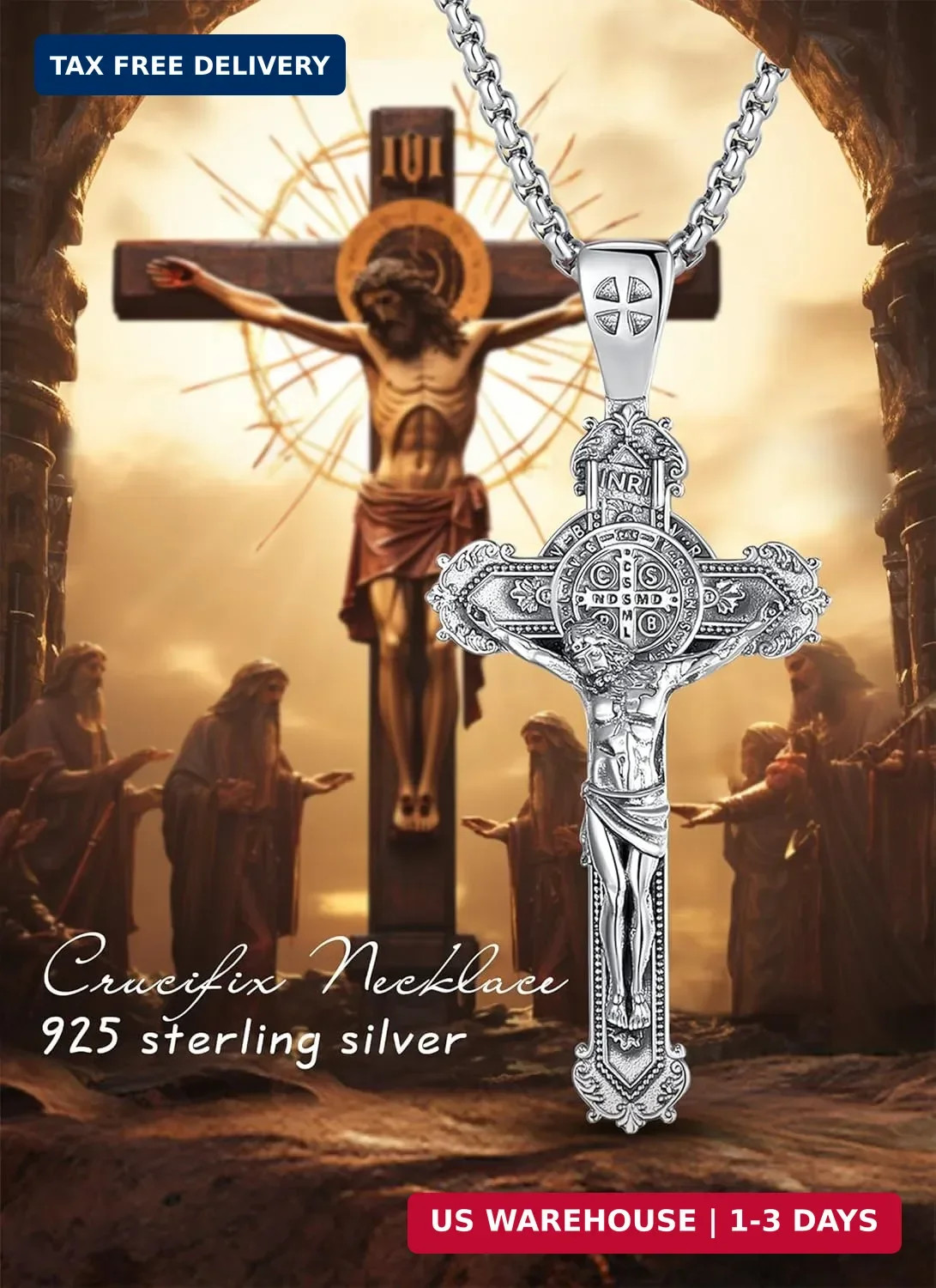 925 Sterling Silver Saint Benedict St Michael Caravaca Cross Necklace