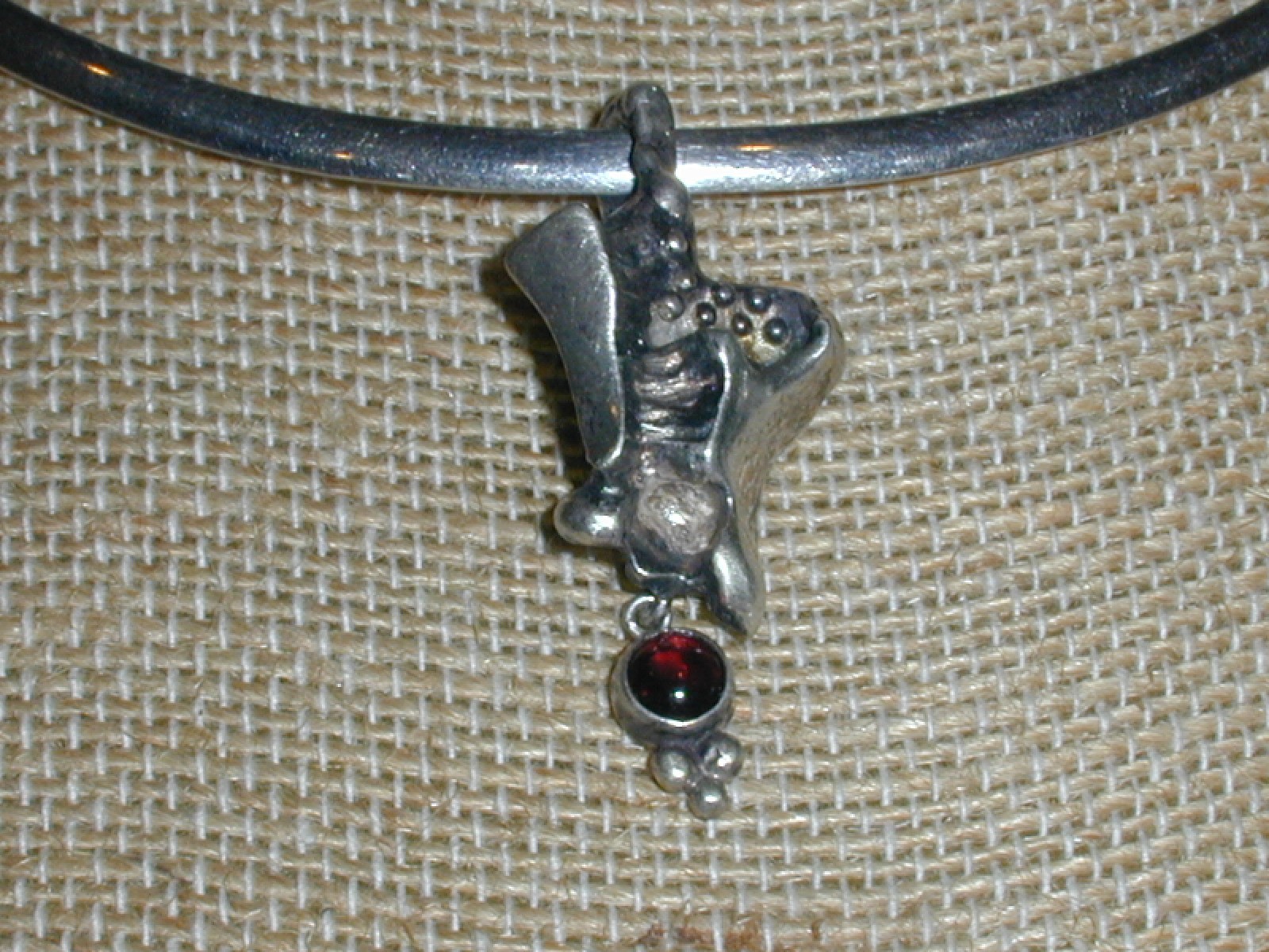 MODERNIST BRUTALIST STERLING SILVER HANDMADE PENDANT W/ GARNET DROP!