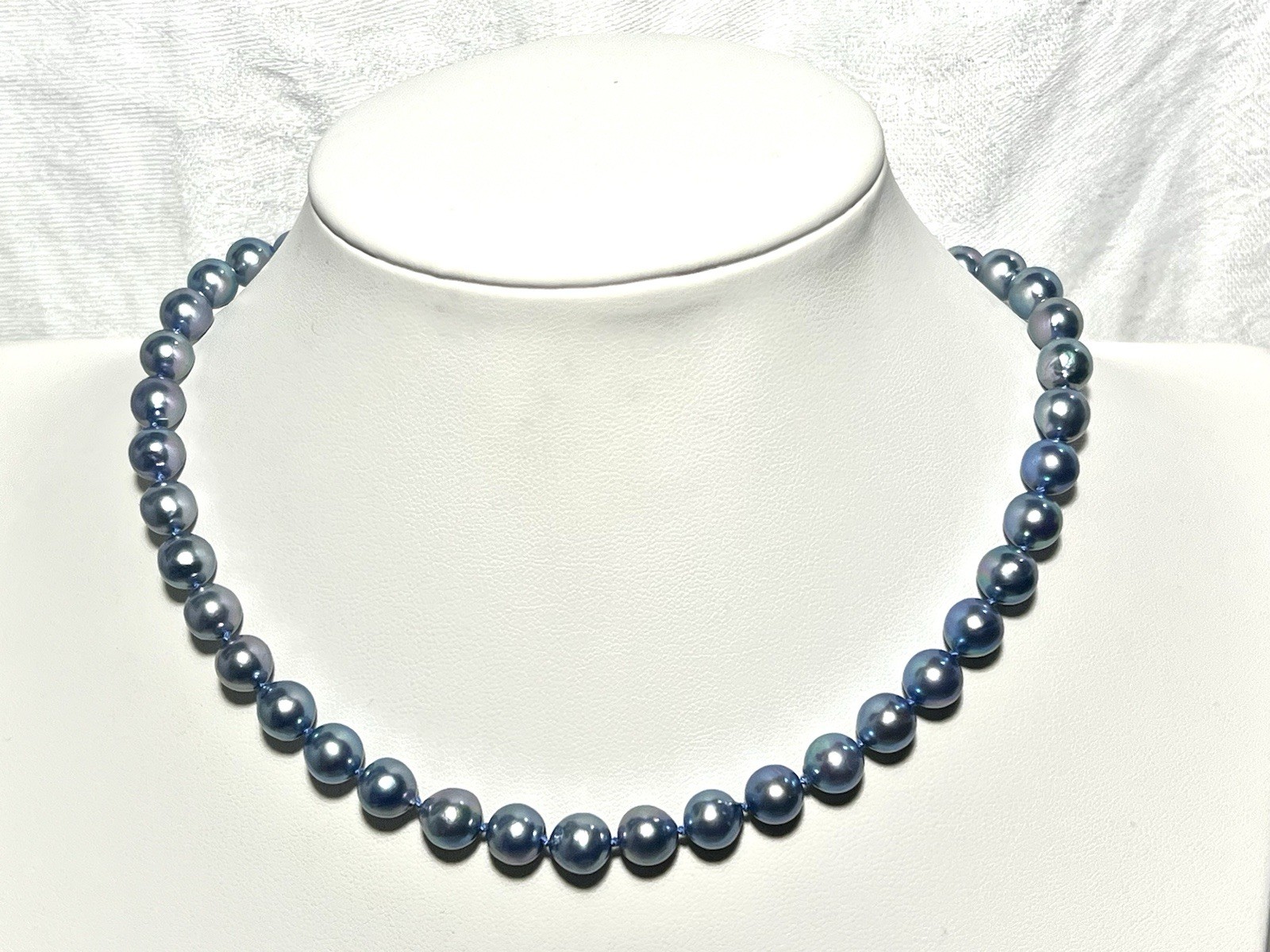Japanese Blue Saltwater Akoya Pearl 15.25” Necklace 7.4-7.9mm St Silver Clasp