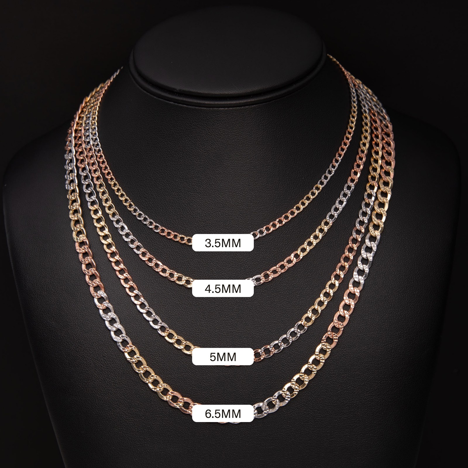 10K GOLD Nugget Design Curb Link Chain Yellow Rose White Gold All Sizes