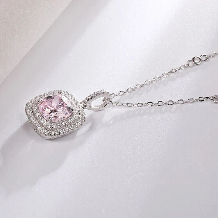 2Ct Cushion Cut Sapphire & Diamond Halo Pendant 18″ Free Chain 14k White Gold FN